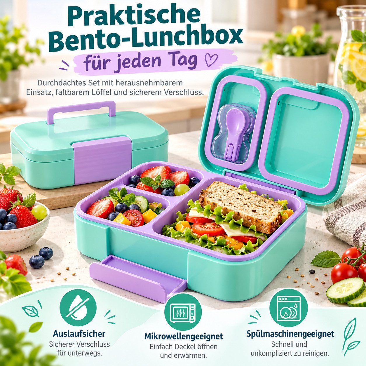 Fyrove Lunchbox Brotdose Kinder, Brotdose Schule, Lunchbox Kinder, Snackbox Kinder, (2-teiliges Set: 1 Brotdose und 1 Löffel), 3 Fächer, mit Löffel, Silikondichtung, Clipverschluss