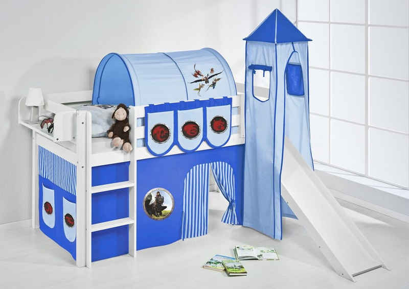 Lilokids Kinderbett Spielbett Dragons blau JELLE - mit Rutsche & Vorhang & Turm