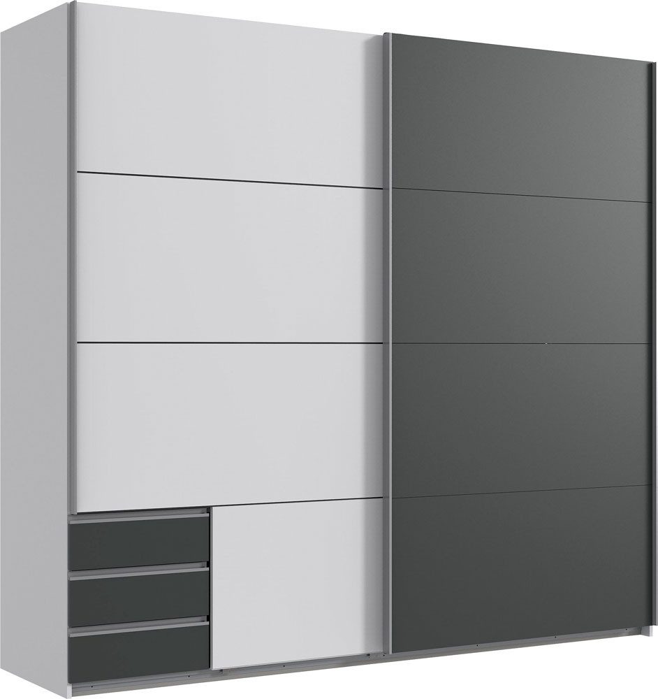 Wimex Schwebetürenschrank Emden (mit Schiebetüren und Kleiderstangen, 1-St., viel Stauraum mit Einlegeböden und Schubladen) 225x64x210cm weiß / graphit