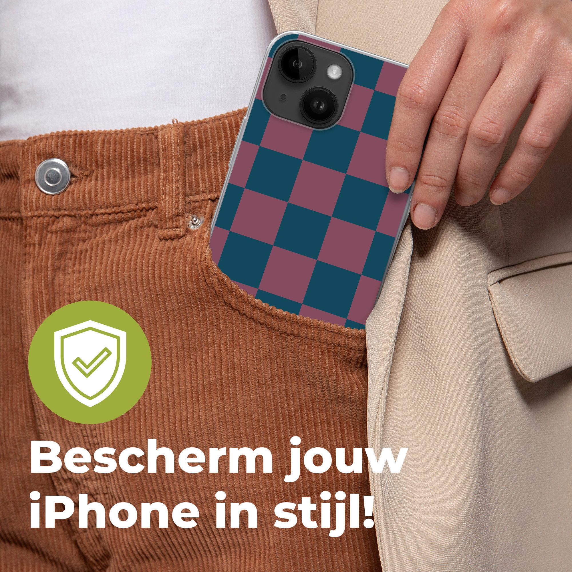 MuchoWow Handyhülle für Apple iPhone 14 Schachbrett Druck - Blau - Rot - Würfel, Smartphone-Bumper, Print, Handy Schutzhülle Dünn