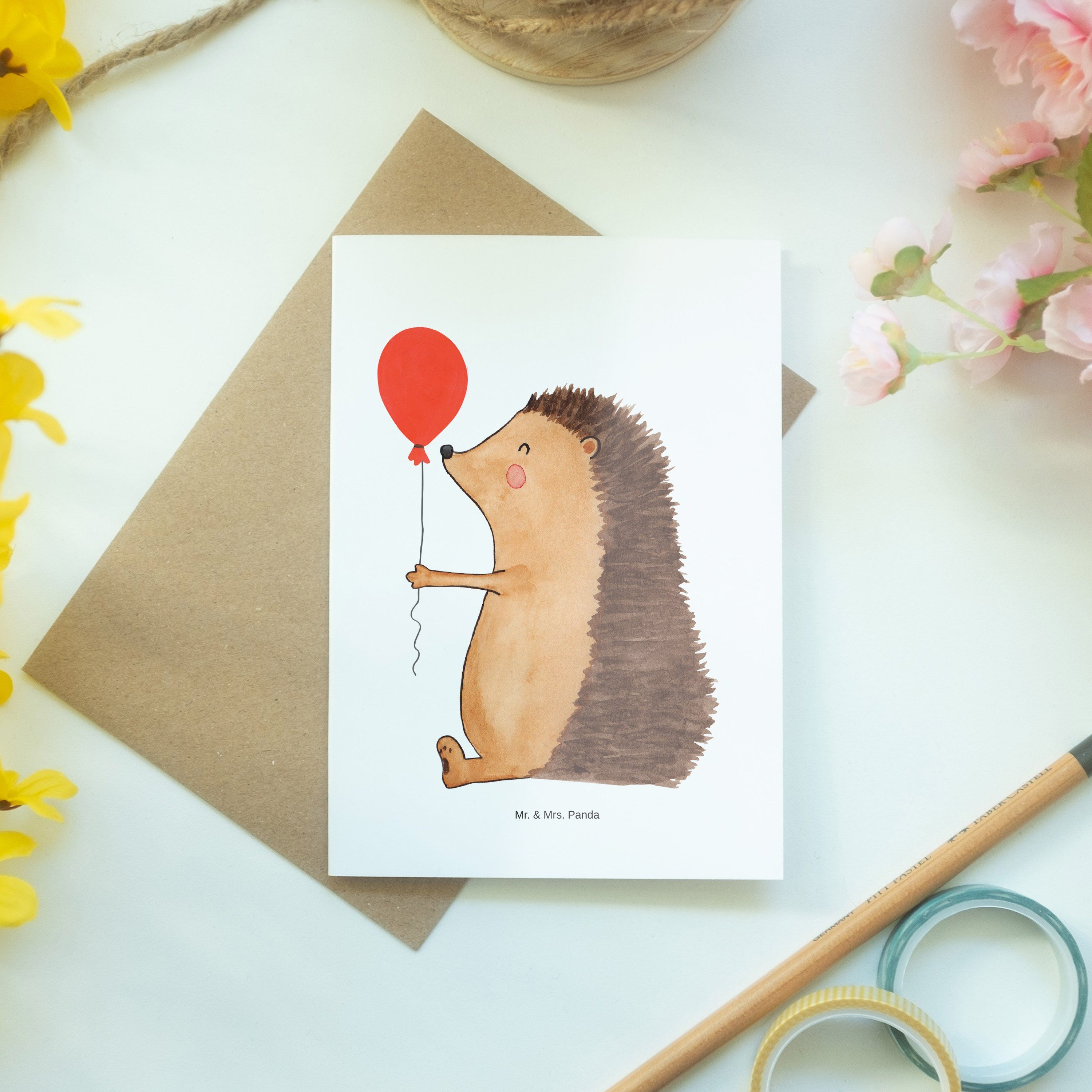 Geschenk, & Karte, - Panda Igel mit - Mrs. Geburts Weiß Luftballon Hochzeitskarte, Grußkarte Mr.