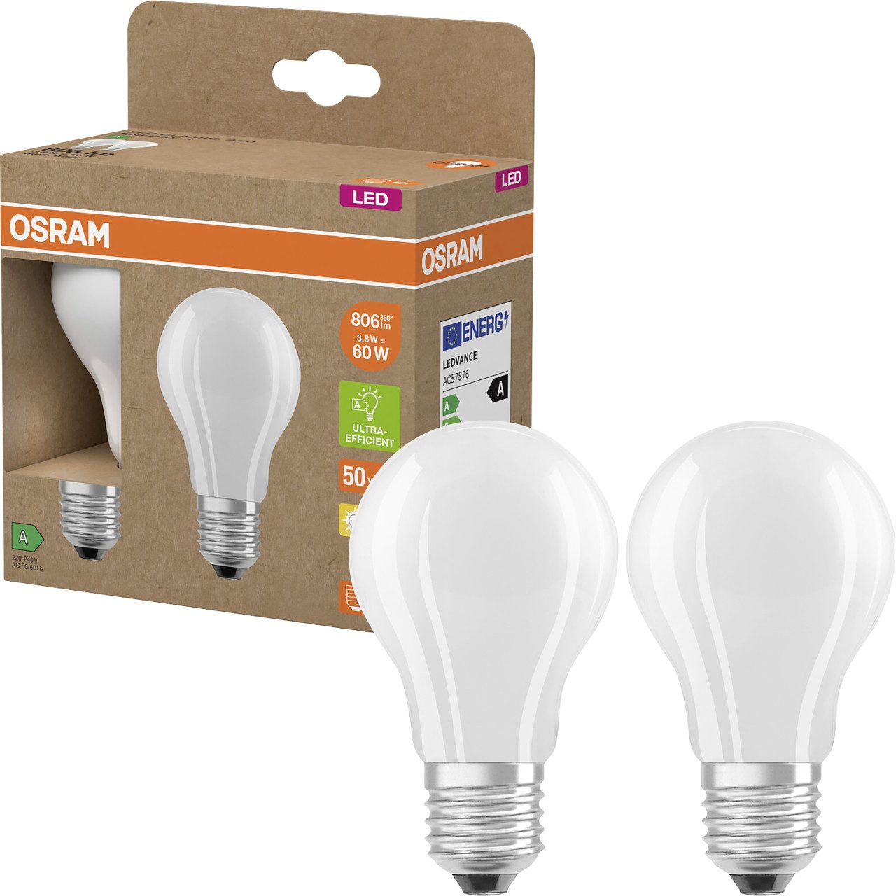 Osram LED-Leuchtmittel Osram LED Leuchtmittel E27 2er Pack Classic 3,8W, Nicht dimmbar