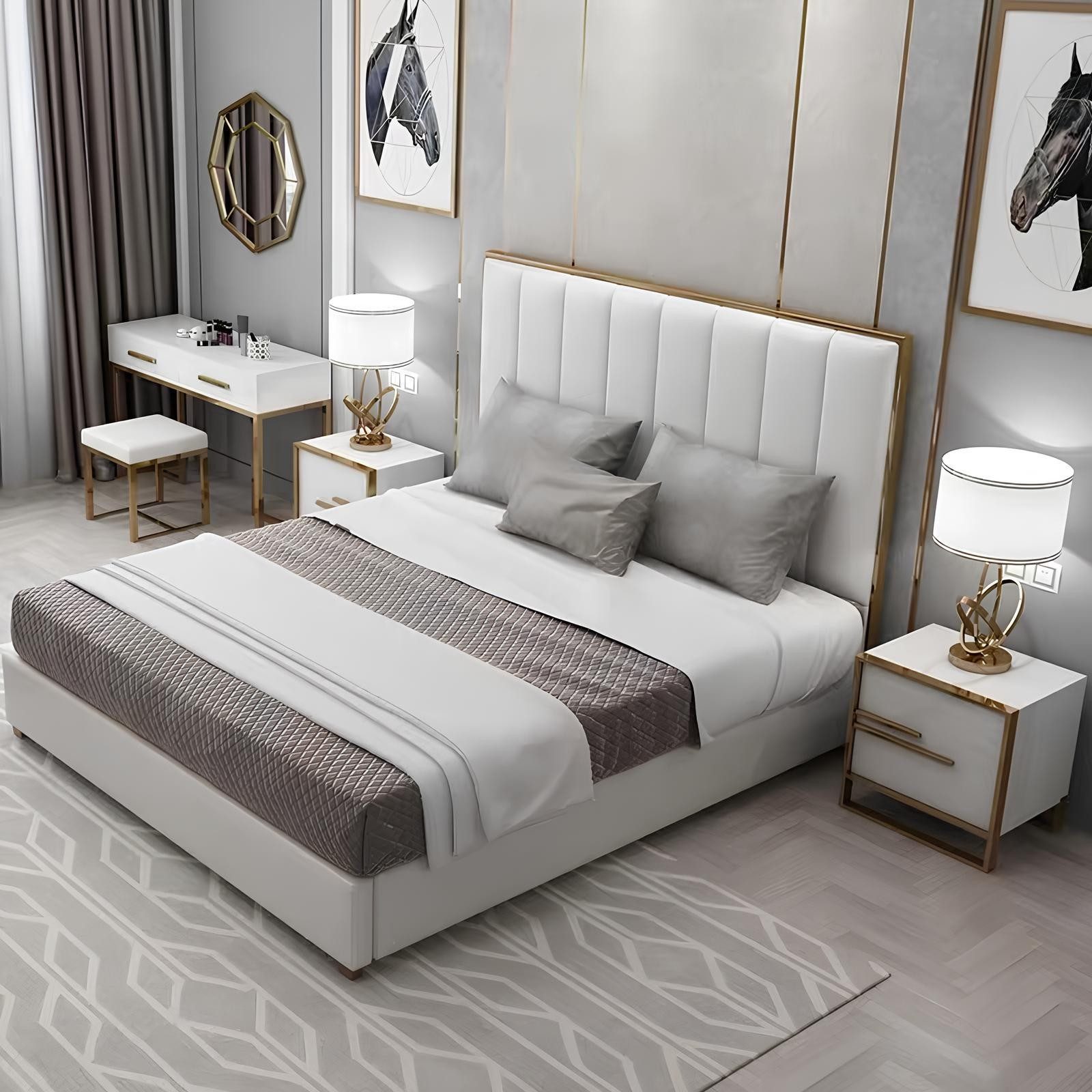 Xlmoebel Polsterbett Beiges Doppelbett mit gepolstertem Lederdesign (Doppelbett, 1-tlg., Bett), Hergestellt in Europa