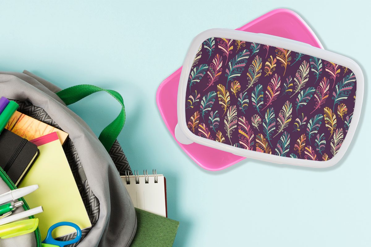 MuchoWow Lunchbox Puber - Federn Kunststoff Kunststoff, für Erwachsene, - Mädchen, Kinder, Snackbox, Brotbox (2-tlg), Brotdose rosa - Boho Muster