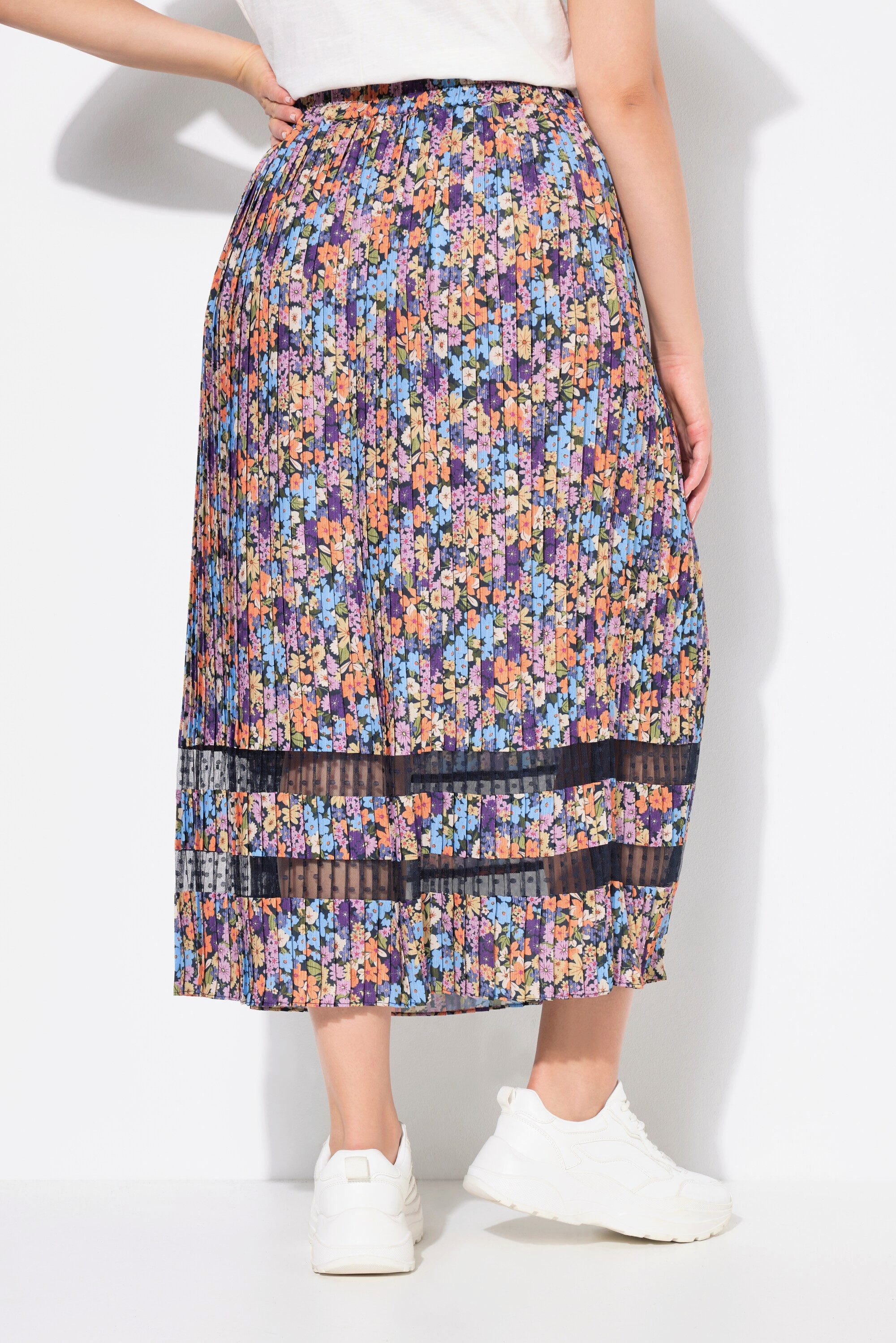 Ulla Popken Plisseerock Plissee-Midirock Spitzenbänder A-Linie Elastikbund