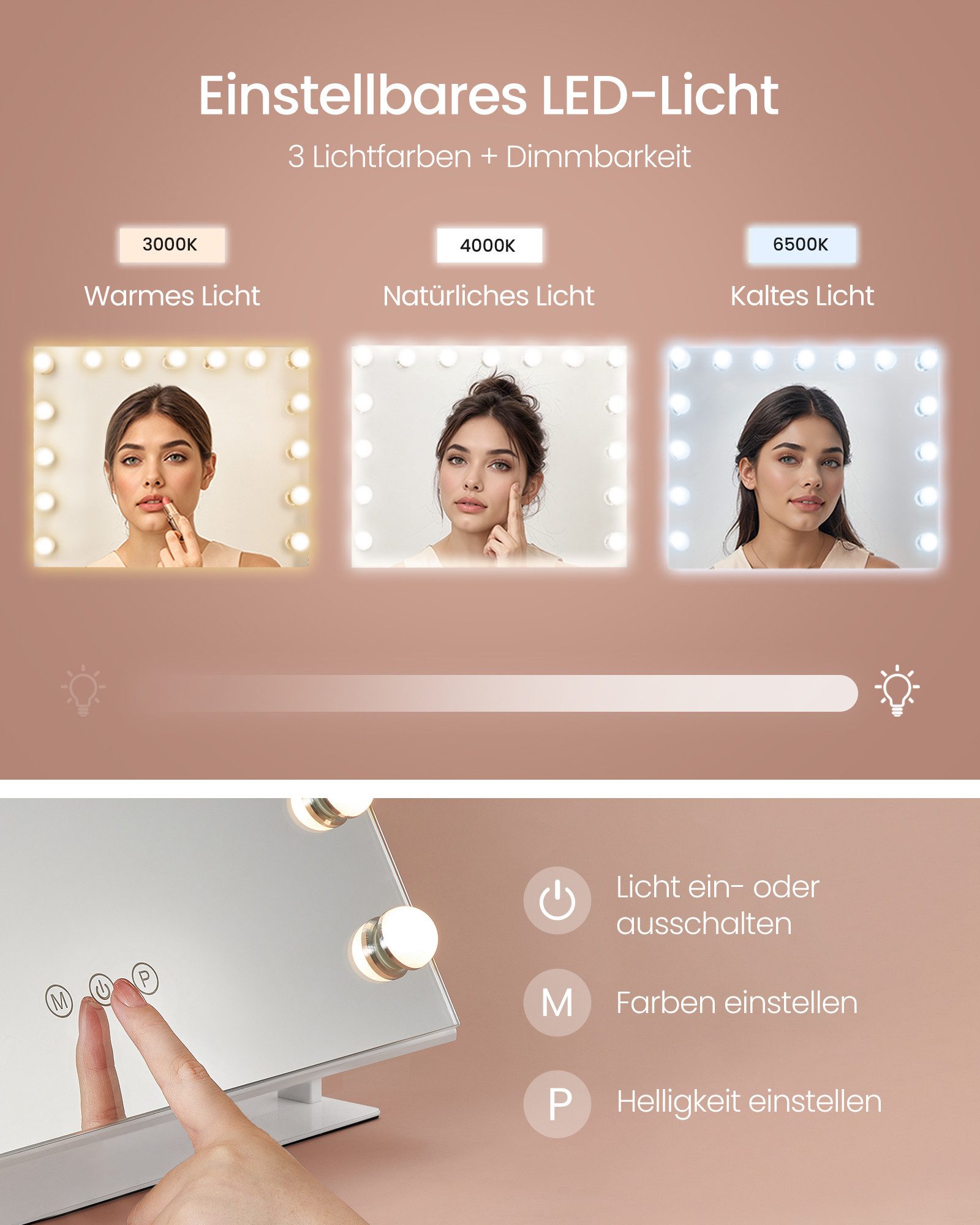 SONGMICS Schminkspiegel mit Beleuchtung, Kosmetikspiegel Touch-Steuerung, dimmbar, Handyhalter, mit 15 LED-Glühbirnen, mit USB-A und USB-C, 58 x 43 cm
