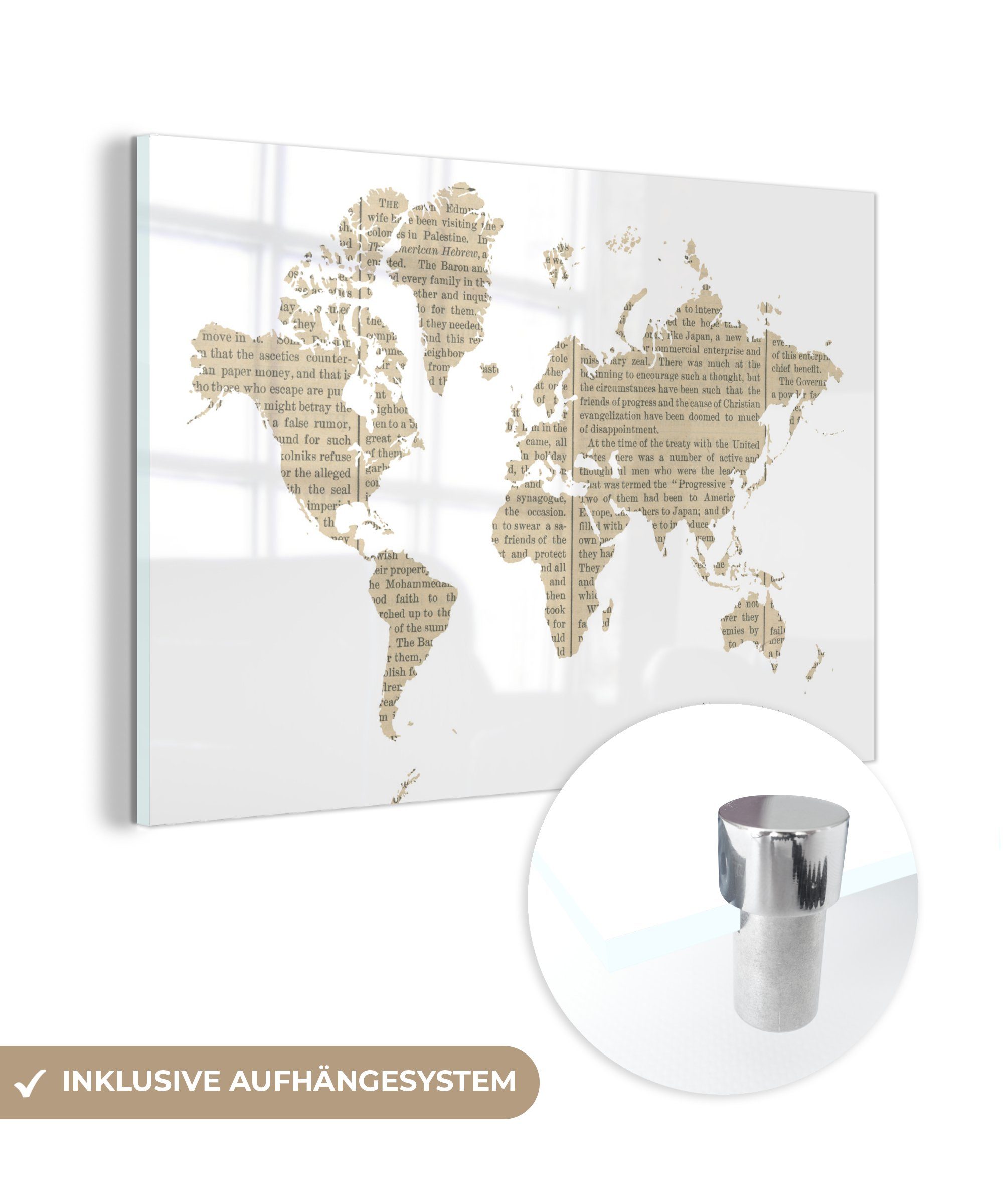 MuchoWow Acrylglasbild Weltkarte - weiß - Zeitungspapier, (1 St), Glasbilder - Bilder auf Glas Wandbild - Foto auf Glas - Wanddekoration