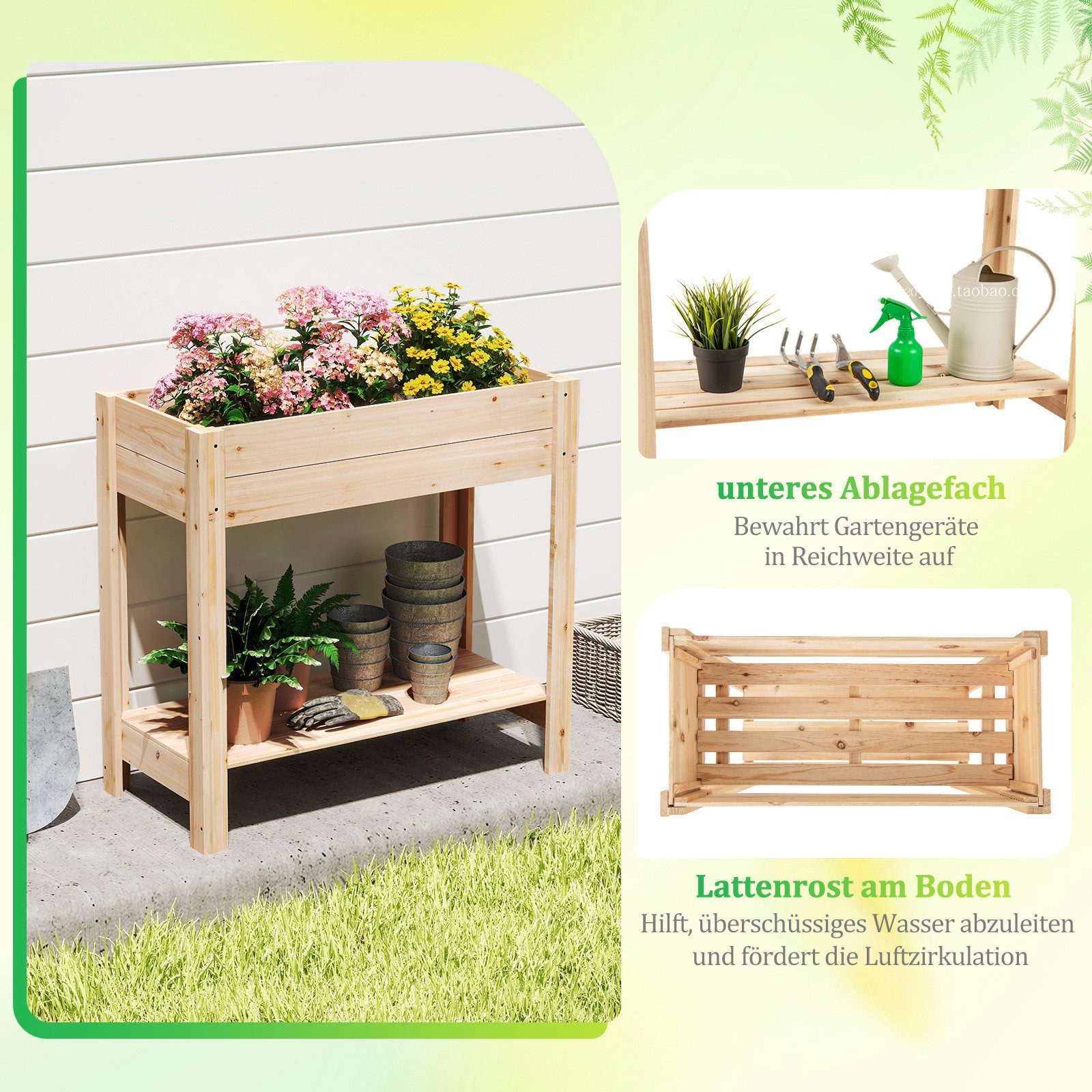 COSTWAY Hochbeet (1 St), Erhöhtes Gartenbeet, Pflanzkasten mit Ablage