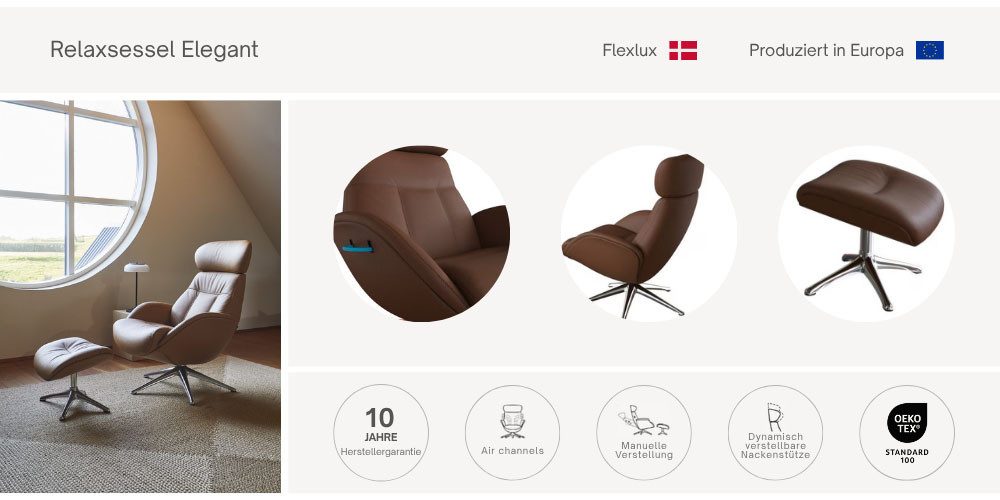 FLEXLUX Relaxsessel Elegant, Funktionssessel, verstellbarer Rücken- und Kopfstütze, Premium Komfort, Rücken- und Kopfteilverstellung, Drehbar, Fuß Alu