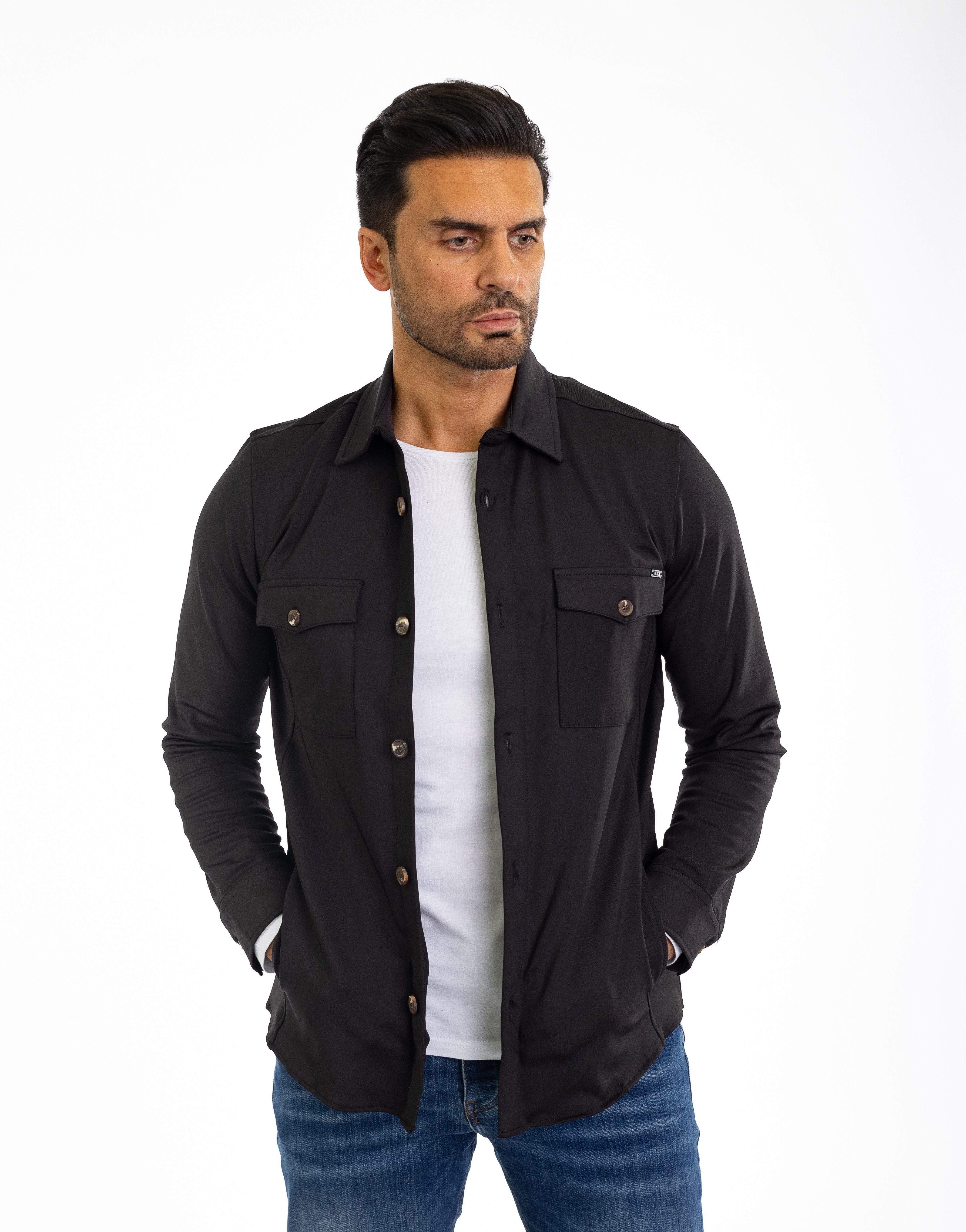 Langarmhemd Sportliches Herren Überhemd mit Elasthan Schwarz L