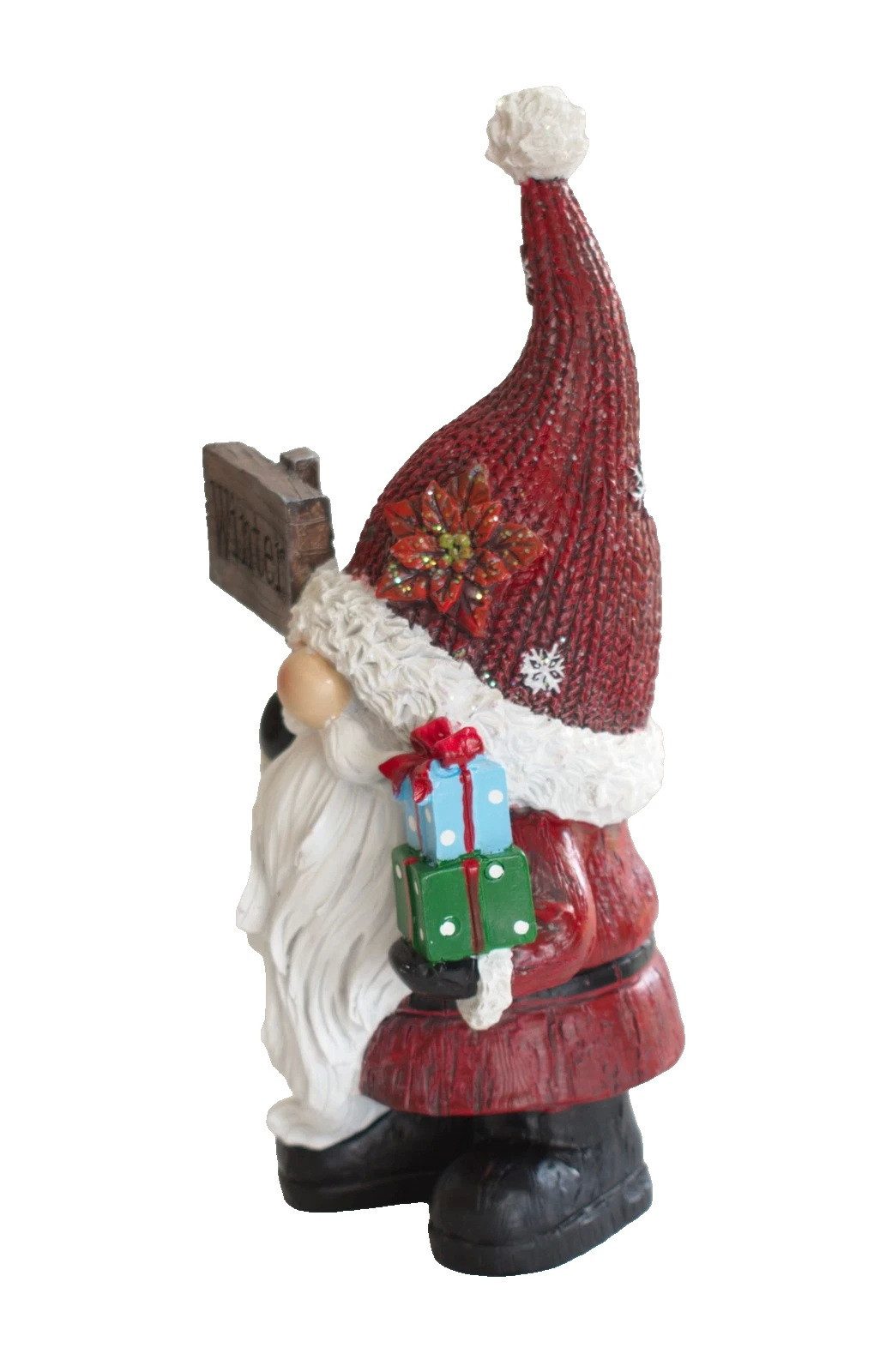 Kaufhaus le petit Weihnachtsfigur Deko Weihnachtsmann Wichtel Zwerg Pakete Schild Skulptur Figur Objekt, Garten Dekofigur Dekoskulptur Dekoobjekt aus Polyresin (Kunststein)