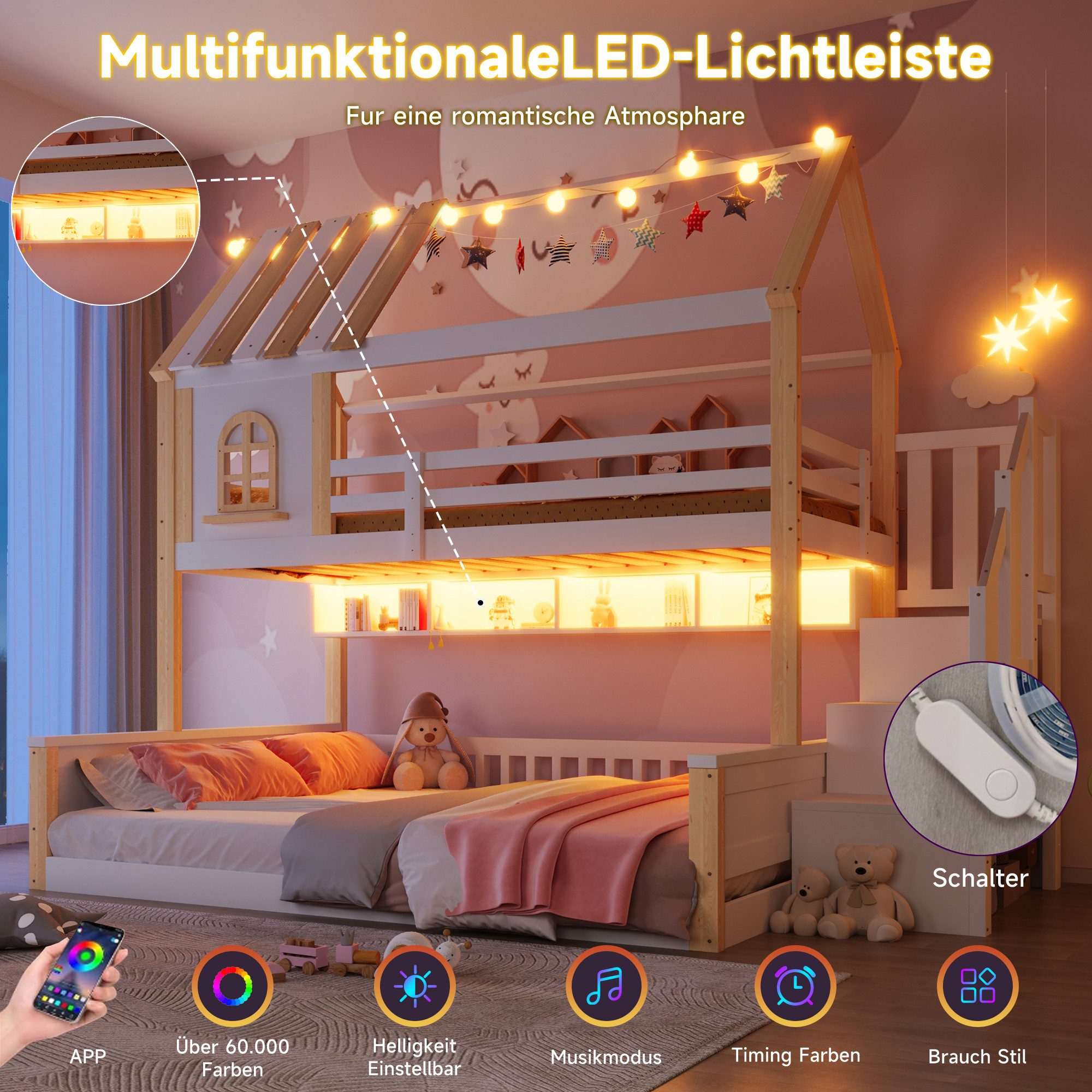 Merax Etagenbett 90x200cm/140x200cm mit LED-Beleuchtung, Stockbett im Hausdesign (Jugendbett Doppelbett, 1-St), Massivholz Kinderbett mit Stauraumtreppe, Regal, – Bild 5 von 5