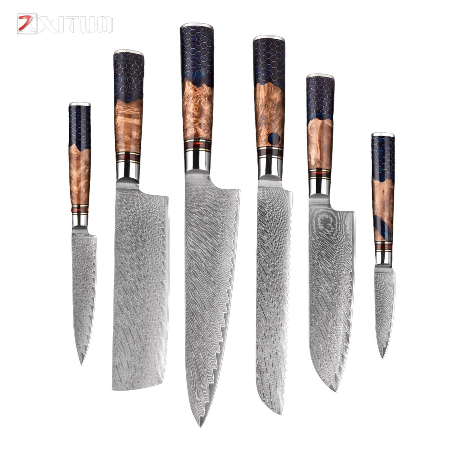 Muxel Damastmesser 6-Teiliges Damast Messer Set. Küchenmesser für jeden Schnitt - extra, Jedes Messer ein Unikat