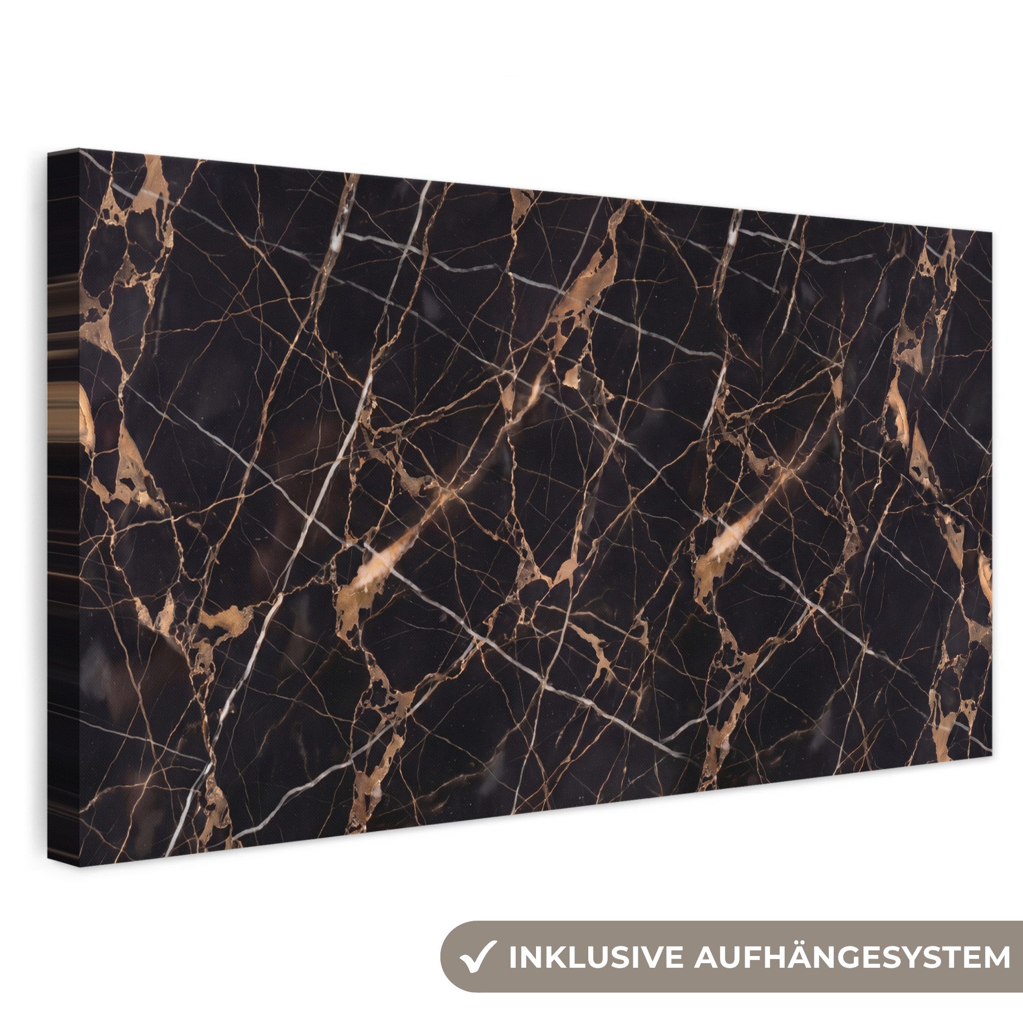 OneMillionCanvasses® Leinwandbild Panorama Marmor – Gold – Abstrakt – Schwarz, Fotodruck (1 St), Wandbild, Deko Schlafzimmer Wohnzimmer Flur 40x20 cm
