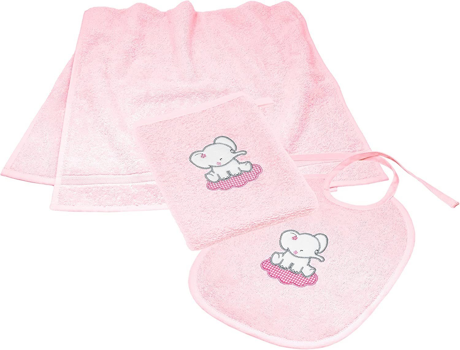 Lashuma Neugeborenen-Geschenkset rosa mit Baby Bestickung Handtuchset Frottee (Set, 3-tlg) Elefant
