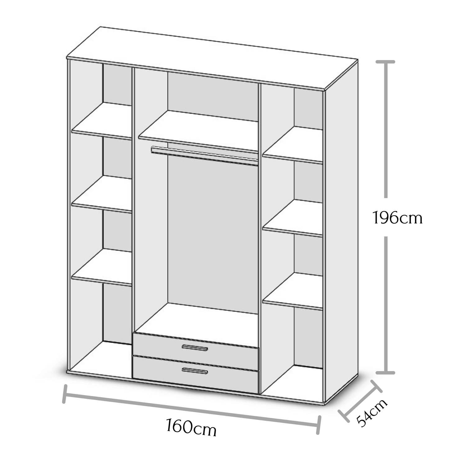 möbelando Kleiderschrank 1 Kleiderstange 160 7 und Kitty Schubladen, x - x in und Europe H Made - Einlegeböden ca. x IV 54 Spiegeltüren 2 Holztüren, T 196 x mit 2 B 2