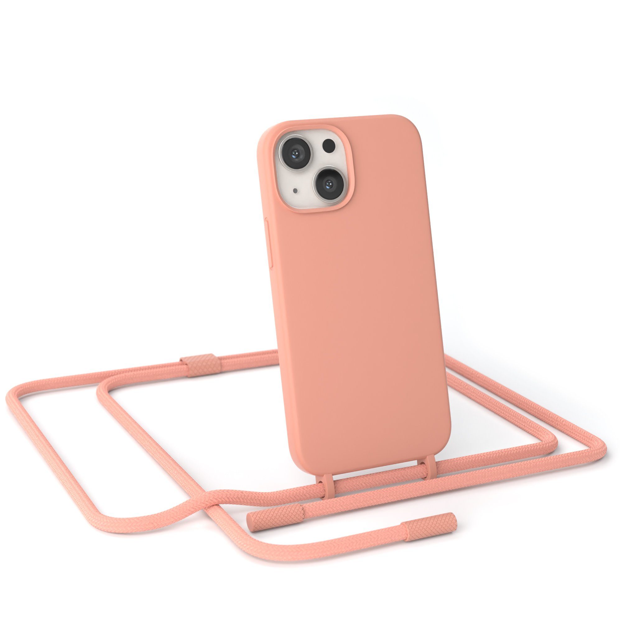 EAZY CASE Handykette Runde Kette für Apple iPhone 13 Mini 5,4 Zoll, Hülle mit Band 2in1 Handyband Etui Case mit Kordel Altrosa Koralle