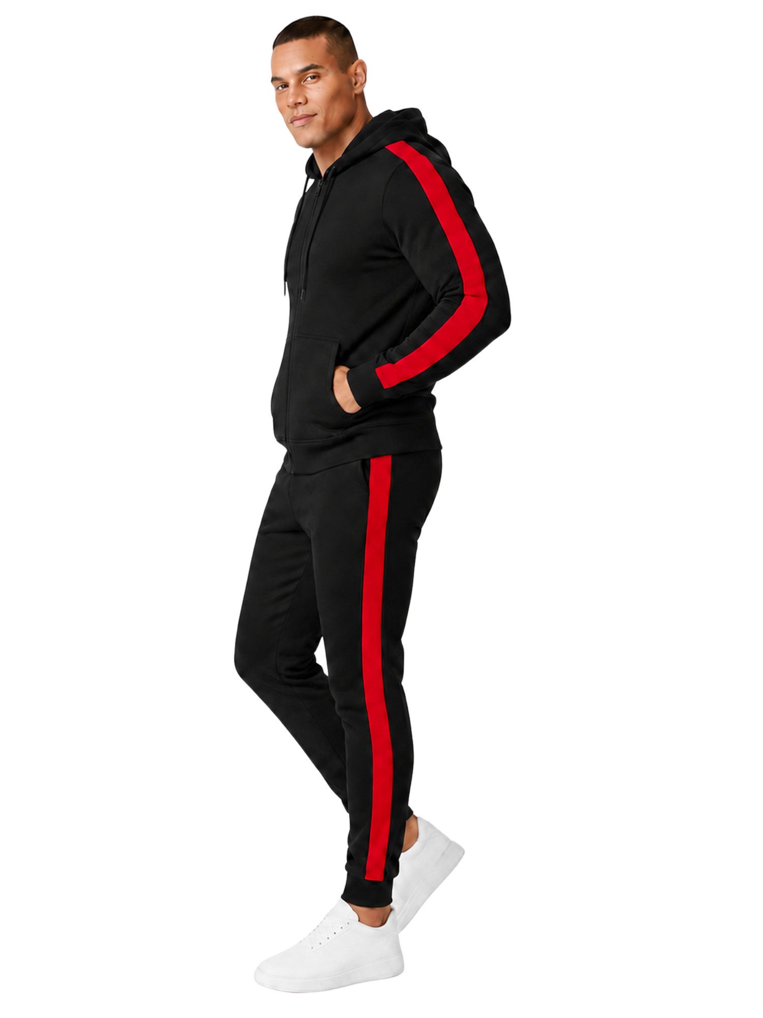 L.gonline Freizeitanzug Herren Jogginganzug zweifarbig sportlich mit Streifen, 526 (Kapuzenjacke mit Reißverschluss, Hose, 2-tlg), Fitness Freizeit Casual