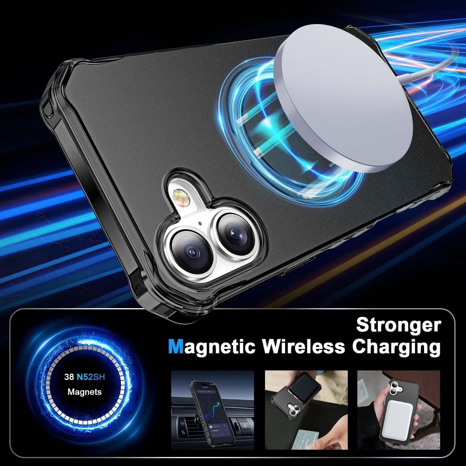 Wigento Handyhülle Für Apple iPhone 16 Solid Color Wave MagSafe Ring Halter Hülle Schwarz, MagSafe, stoßfest, mit Ringhalter