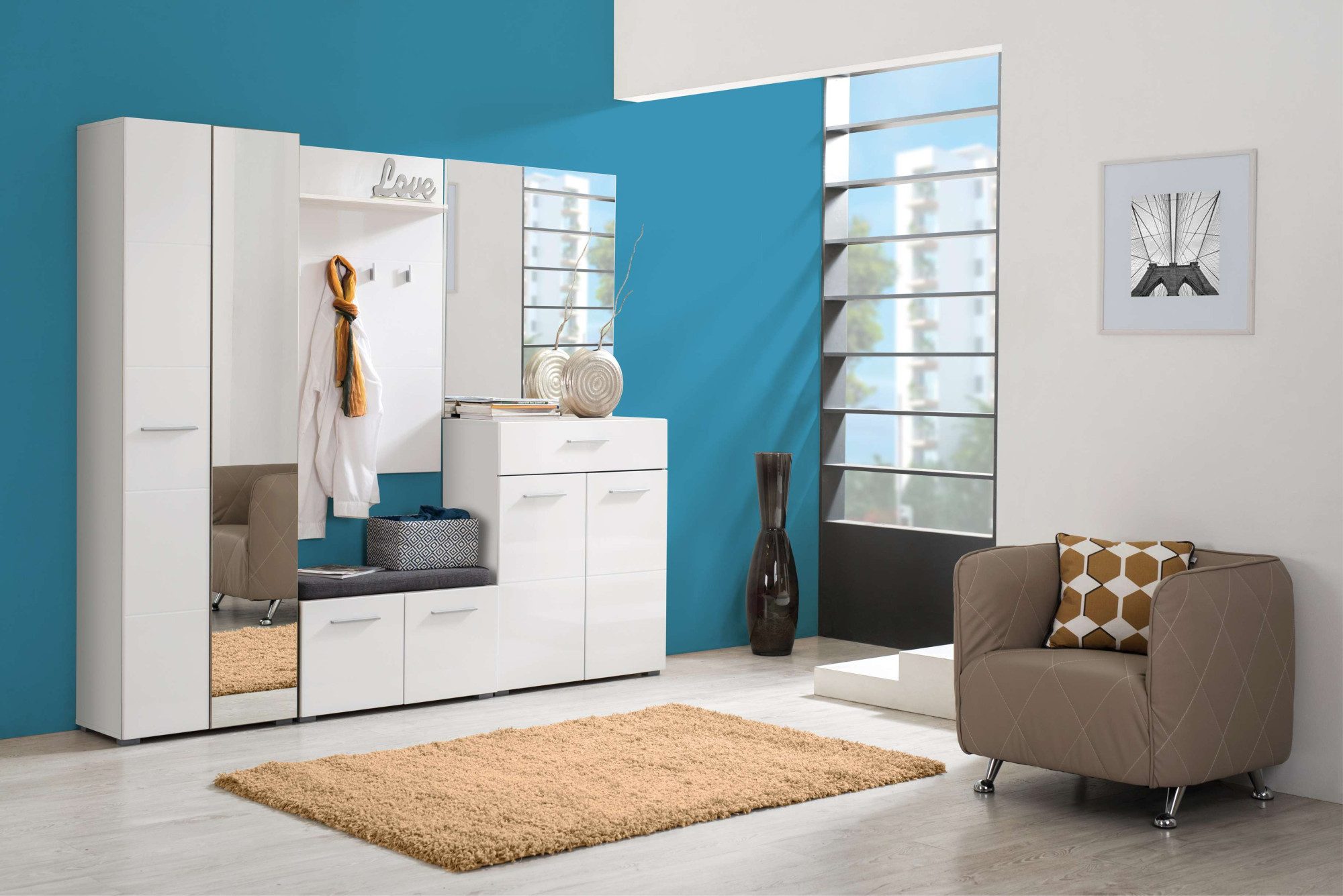 Home affaire Garderoben-Set Beny Flurmöbel, Dielenmöbel, Flurschrank, Flurgarderobe Breite 218 cm, (5-St., 5tlg), inkl. 2 Schränke, Sitzbank mit Kissen, Garderobenpaneele und Spiegel