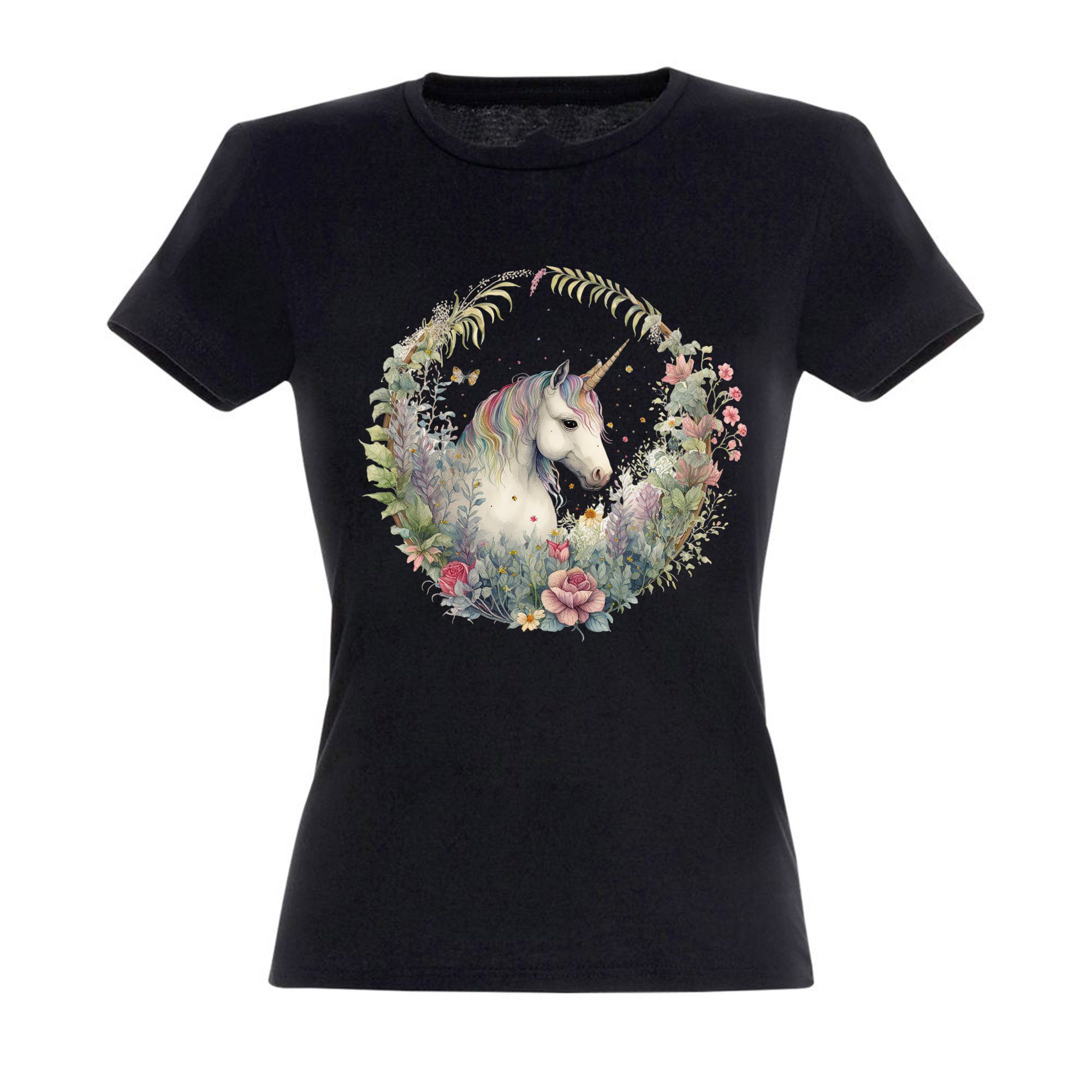 Banco T-Shirt Banco T-Shirt Unicorn Druck Sommermode Unicorn im mit Kranz Damen Schwarz