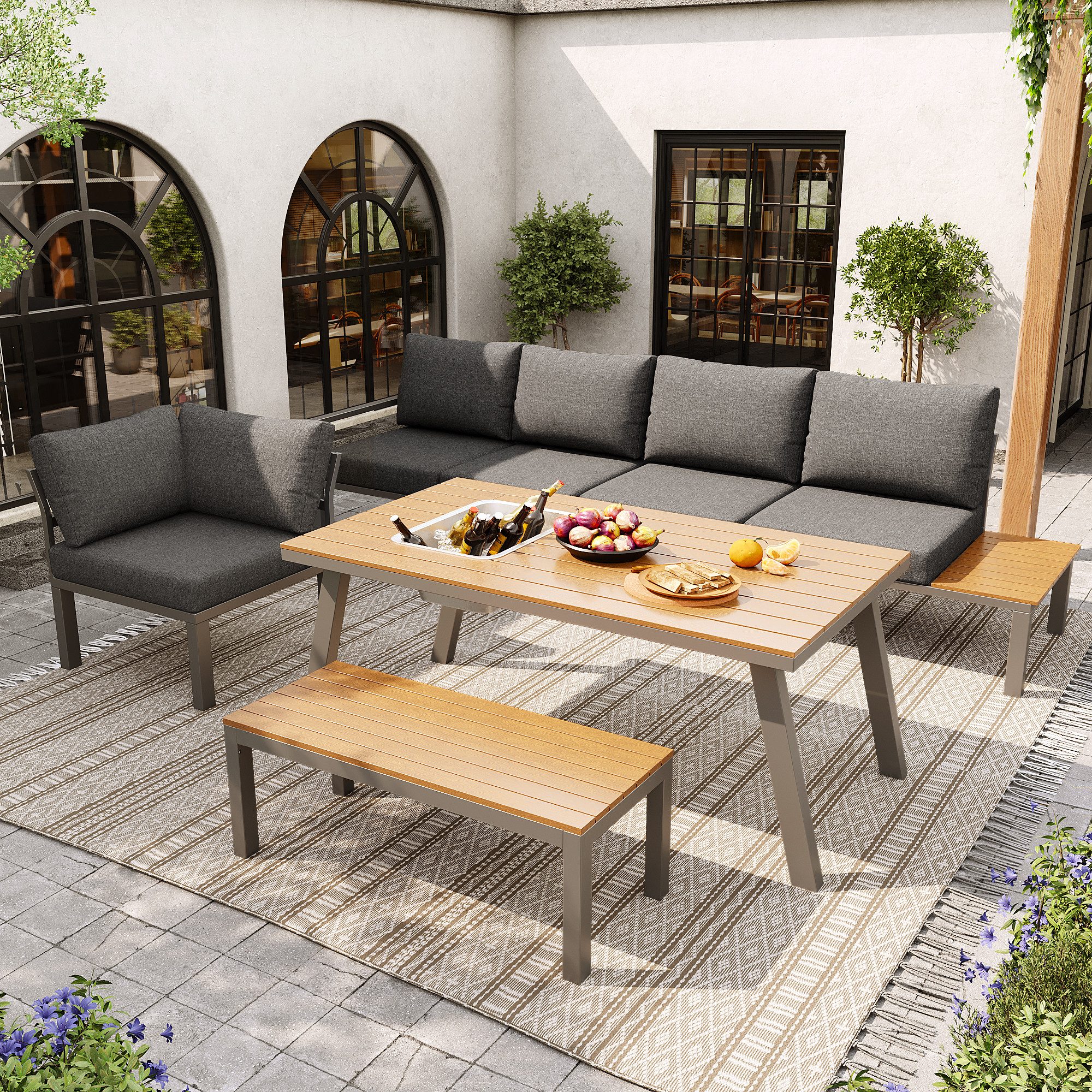 Celya Gartenlounge-Set Gartenlounge-Set für 7 Personen, wetterfeste Sitzgruppe, Essgruppe, (Gestell aus verzinktem Eisen, Tischplatte mit Eiskübel, geeignet für Garten, Balkon, Terrasse, Grey), modernes Gartenmöbel-Set