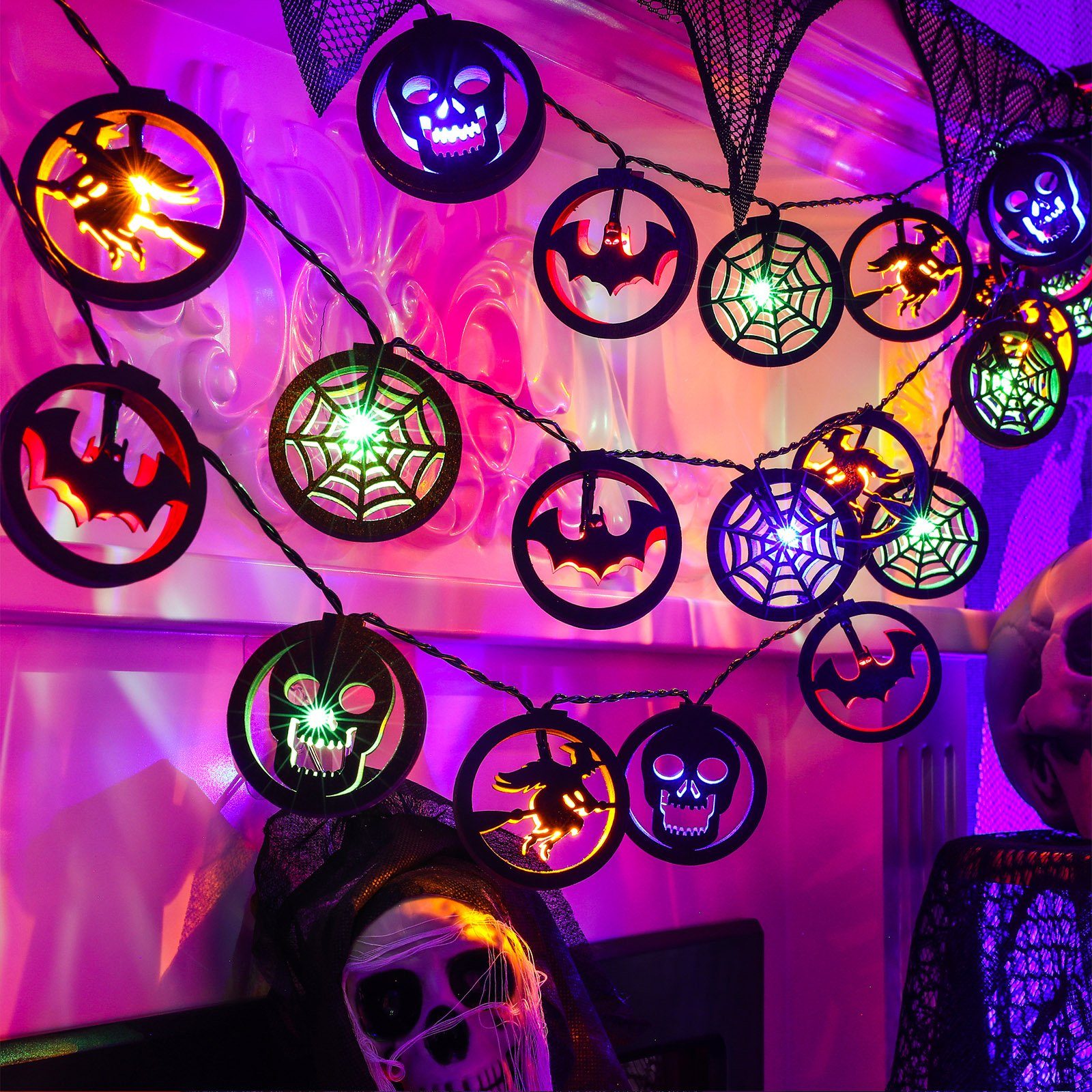 MUPOO LED-Lichterkette LED Nachtlicht Halloween Lichterkette Deko,3m Beleuchtung, 3A - A Mehrfarbig Batterie-Stromversorgung, Stil 20 Multicolor LED,Wasserdicht,Batterie