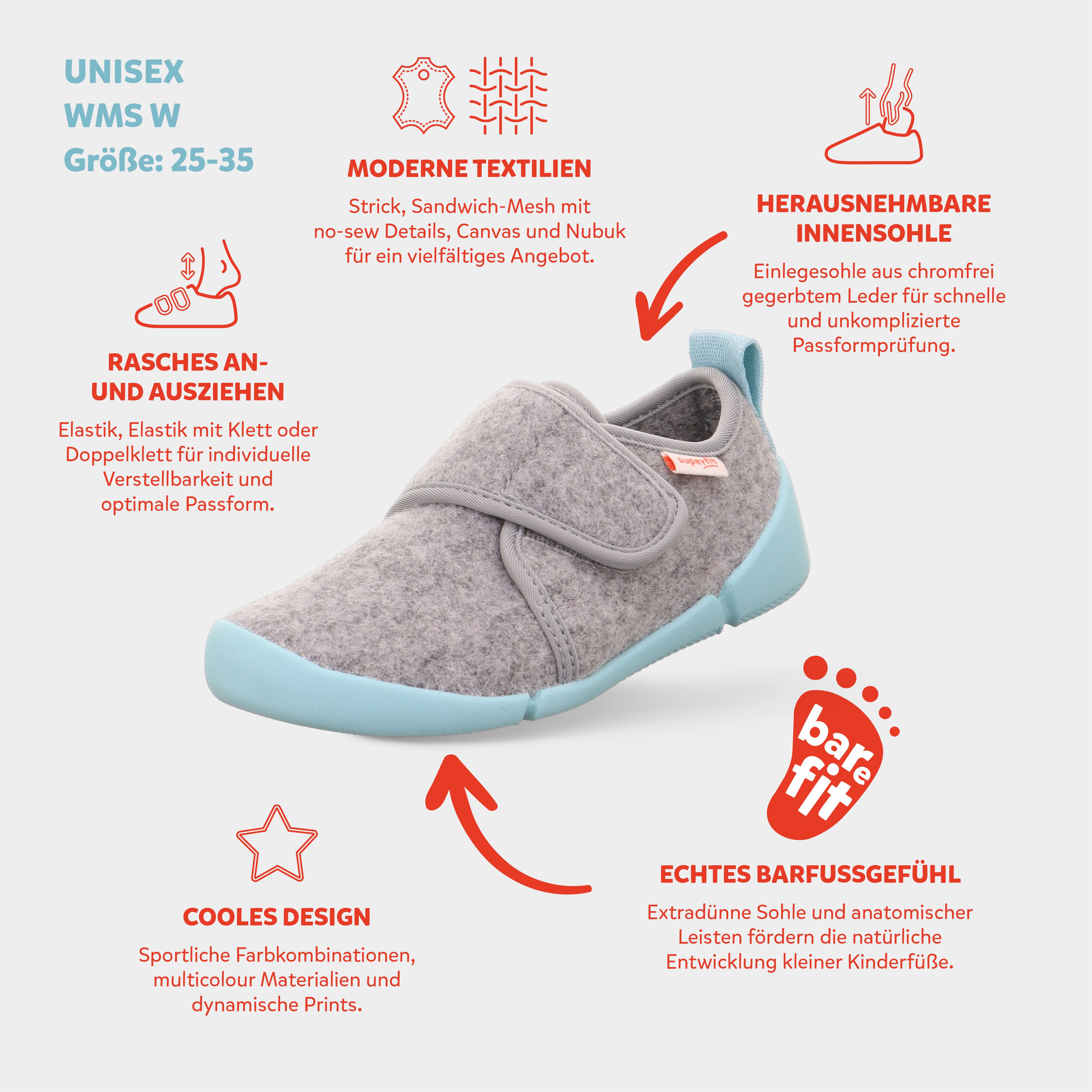 Superfit VENTI WMS: Weit Barfußschuh Hausschuh mit Schurwolle, WMS: weit, Größenschablone zum Download