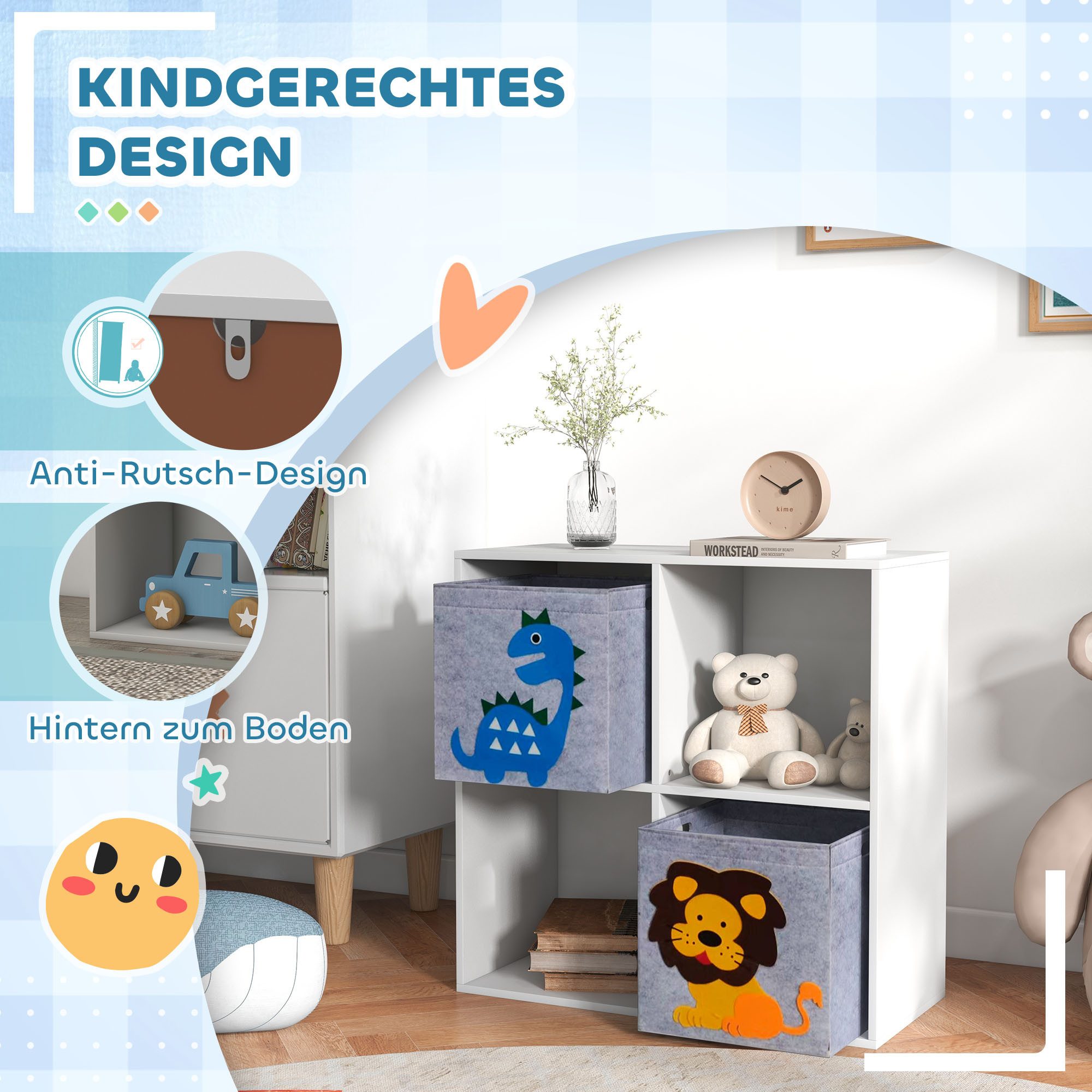 ZONEKIZ Kinderregal Bücherregal Spielzeug-Organizer 2 Aufbewahrungsboxen, 2 off.Fächer, Kinder-Aufbewahrungsschrank 1-tlg., für Schlafzimmer, Spielzimmer, Klass – Bild 4 von 5