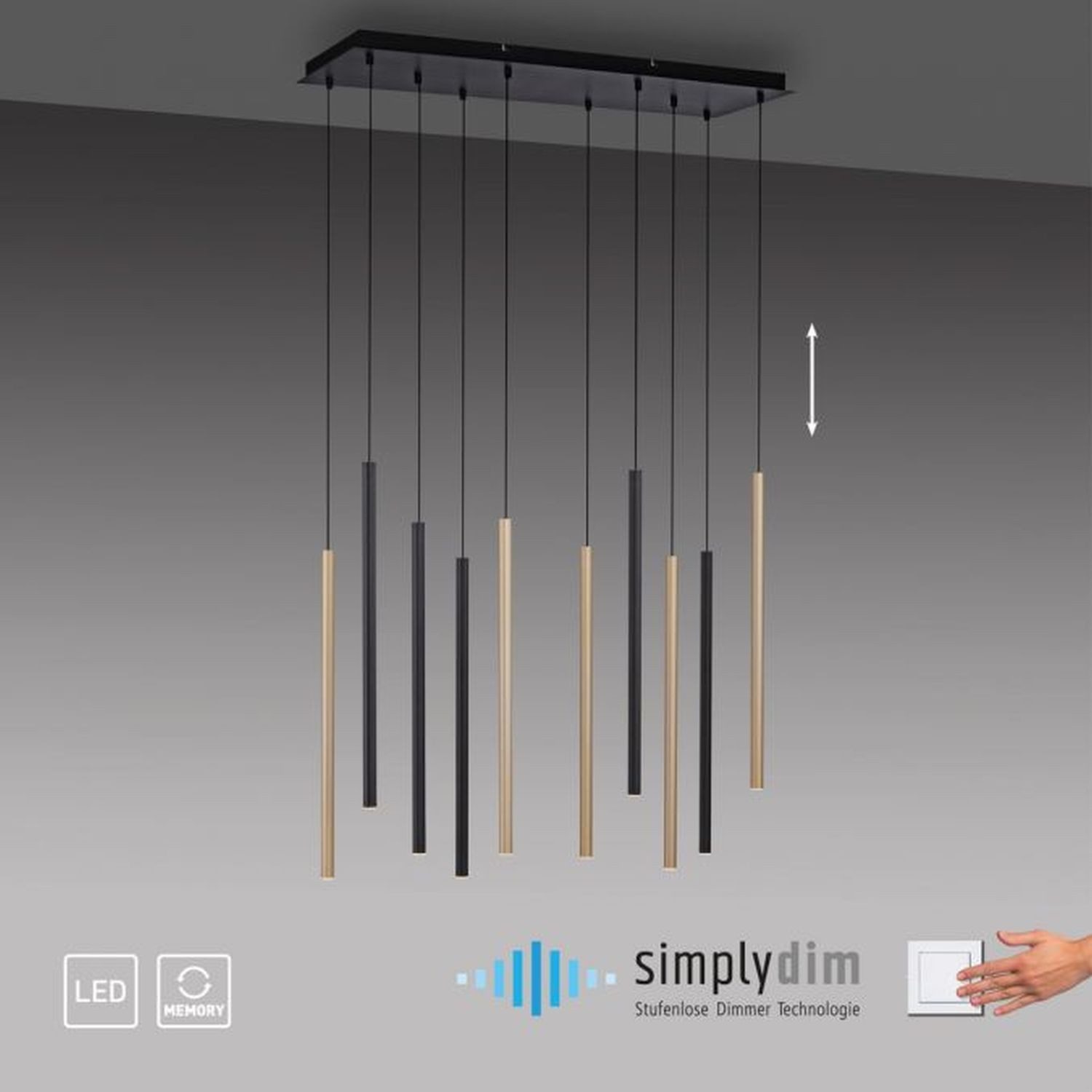 Licht-Erlebnisse Pendelleuchte PORIFE, LED fest integriert, Warmweiß, LED Metall H: max. 120 cm in Schwarz Messing länglich warmweiß 3000 K