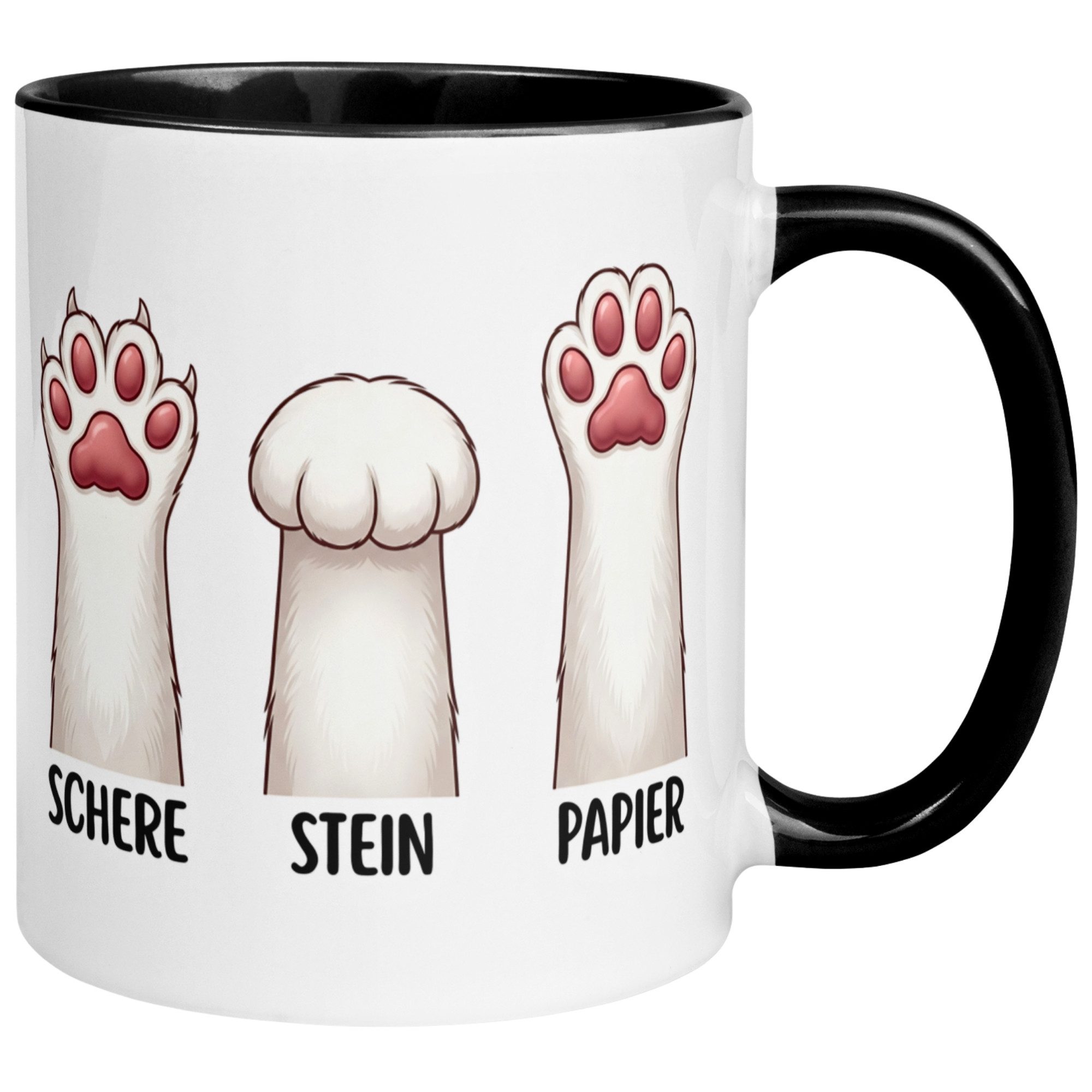 Momentals Tasse Katze – „Schere - Stein - Papier“ – lustiger Katzen Geschenk Becher, Gratis Versand · Links-&Rechtshänder · Spülmaschinenfest