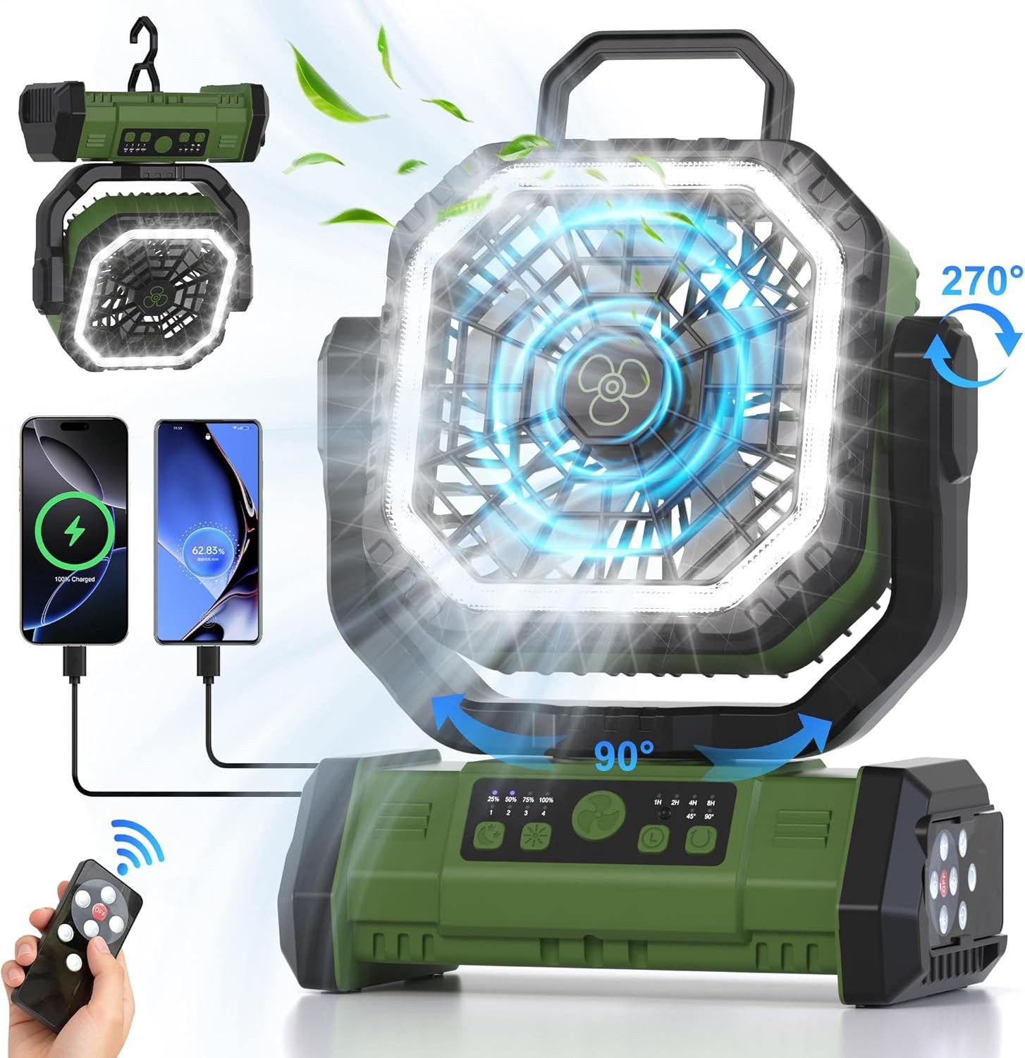 MOPUEA Akku-Standventilator Akku Ventilator mit Haken Fernbedienung Timer &LED Licht für Outdoor, 20000mAh Akku 4 Windstufen Timer LED Licht Schnellladung