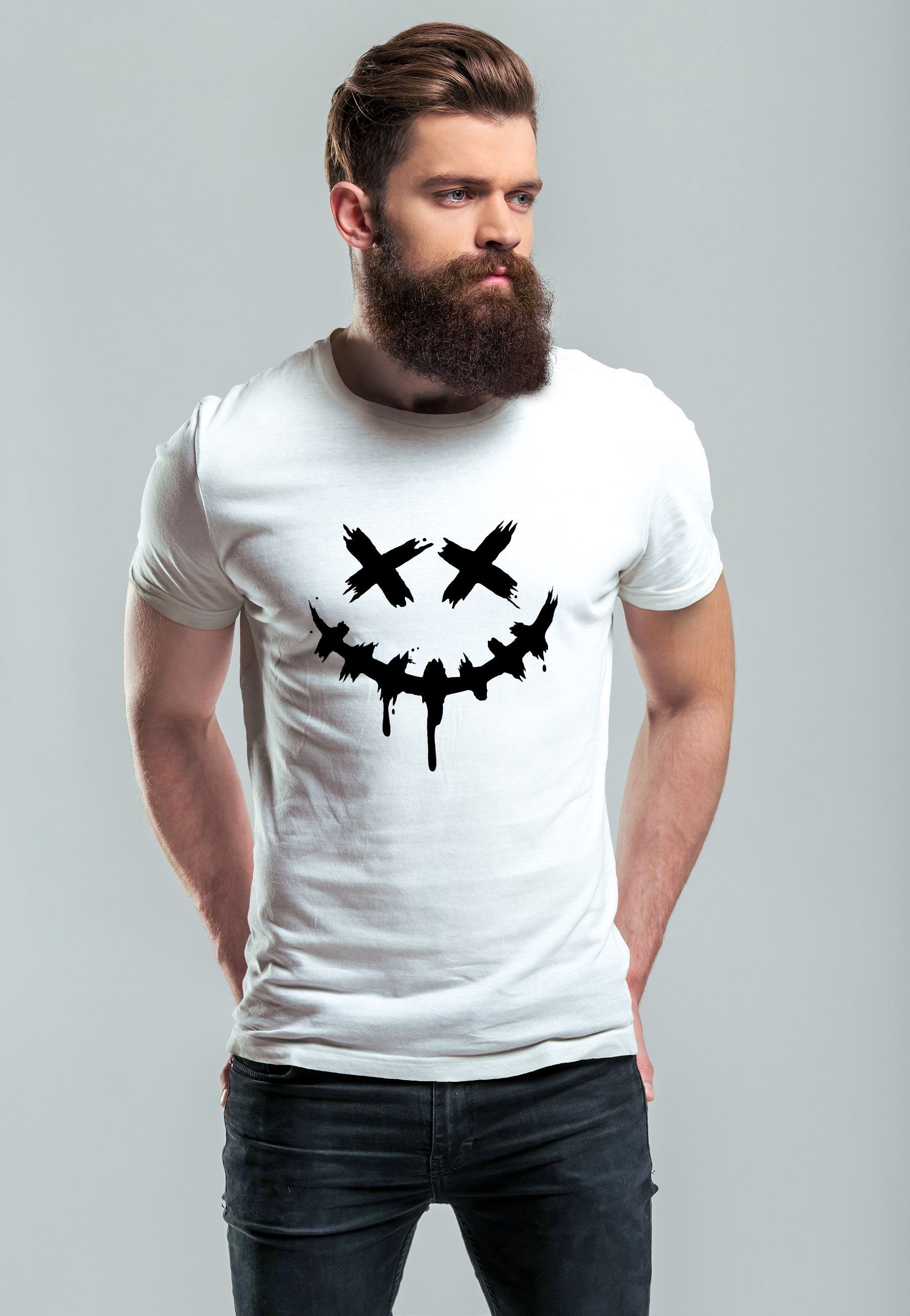 Techwear Print Neverless Print-Shirt Smiling Bedruckt mit T-Shirt Herren Smil Streetstyle weiß Fashion Face