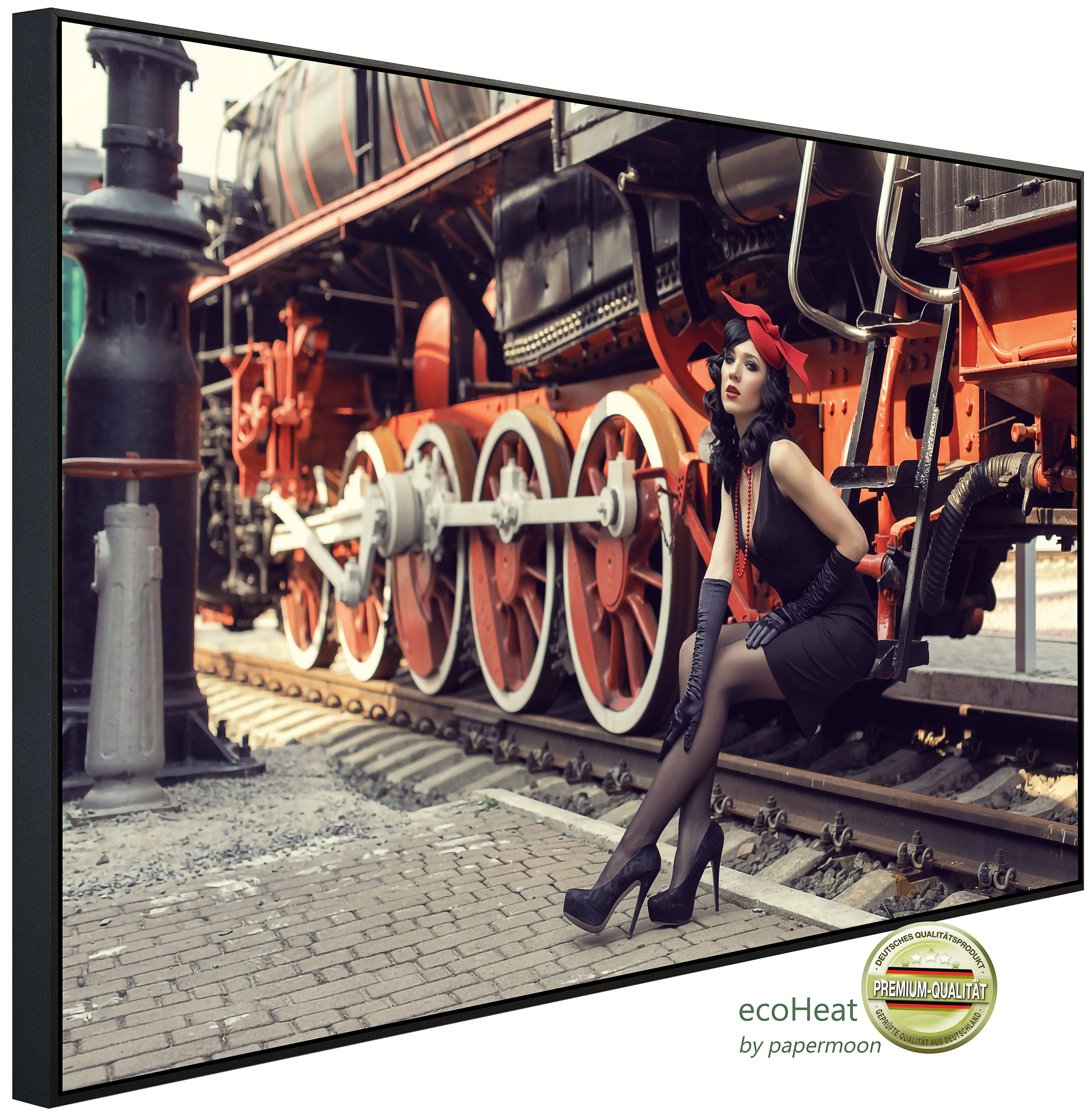 Papermoon Infrarotheizung INFRAROT-BILD-HEIZUNG, Eine Frau und Dampflokomotive, TÜV-Rheinland/GS zertifiziert, angenehme Strahlungswärme