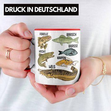 Trendation Tasse Trendation - Angler Fischer Tasse mit Fischarten Geschenk Raubfische Hobbyangler Hecht Forelle Barsch Angeln Kaffeetasse