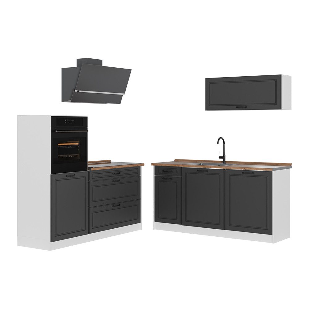 Vicco Küchenzeile R-Line, Anthrazit Landhaus/Weiß, 160 cm Arbeitsplatte Goldkraft Eiche