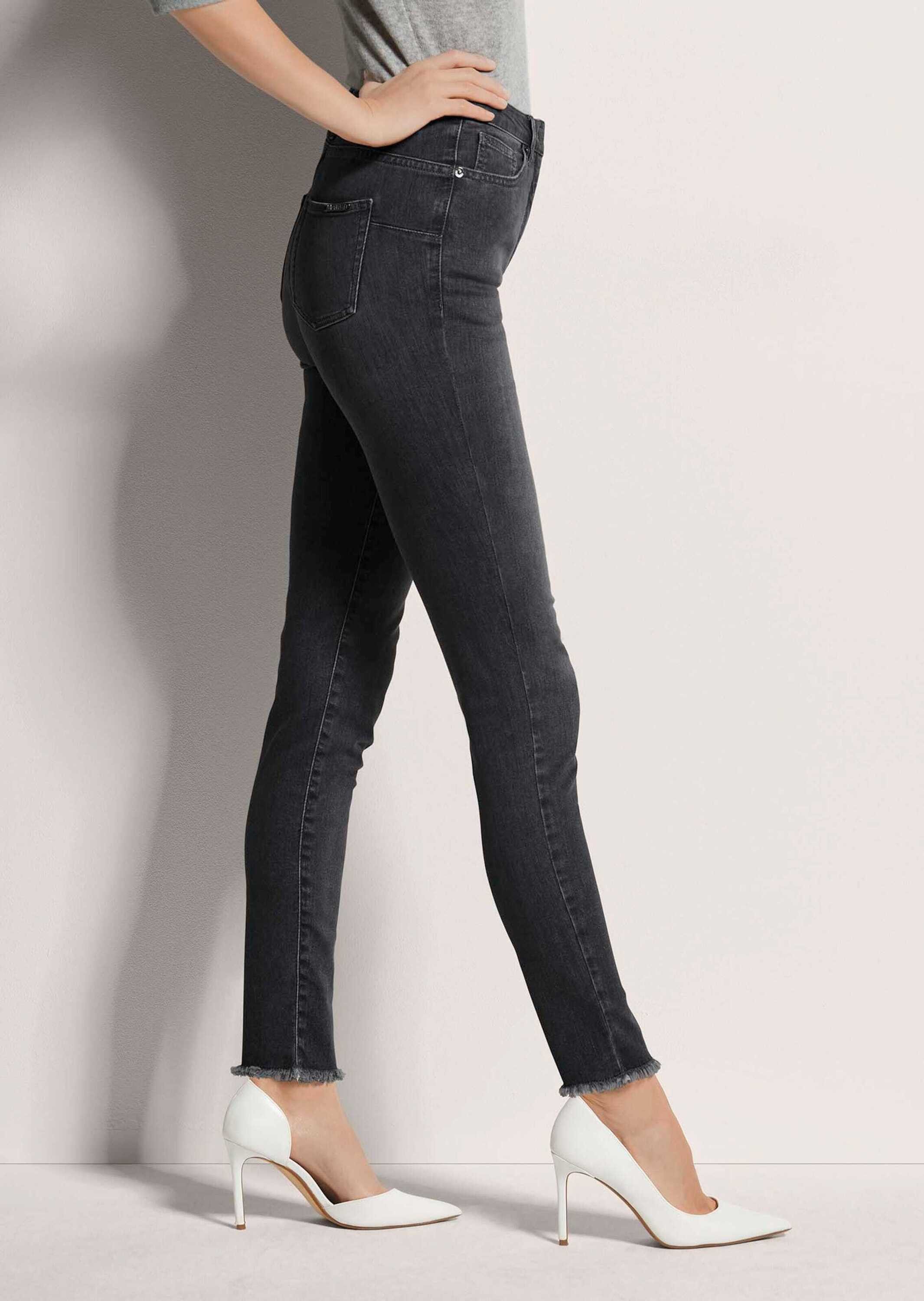 MADELEINE Gerade Jeans Mid Waist Skinny-Hose mit Fransen Fransenhose in schmale Silhouette, Five-Pocket-Stil