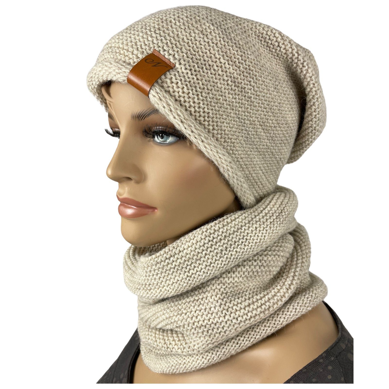 (2 N-Set uni unisex Damen teilig, & klassisch und einfarbig, Schal - Taschen4life & für sand beige Herren, Stil Beanie Strick Mütze Loop-Schal) Long-Beanie modischer