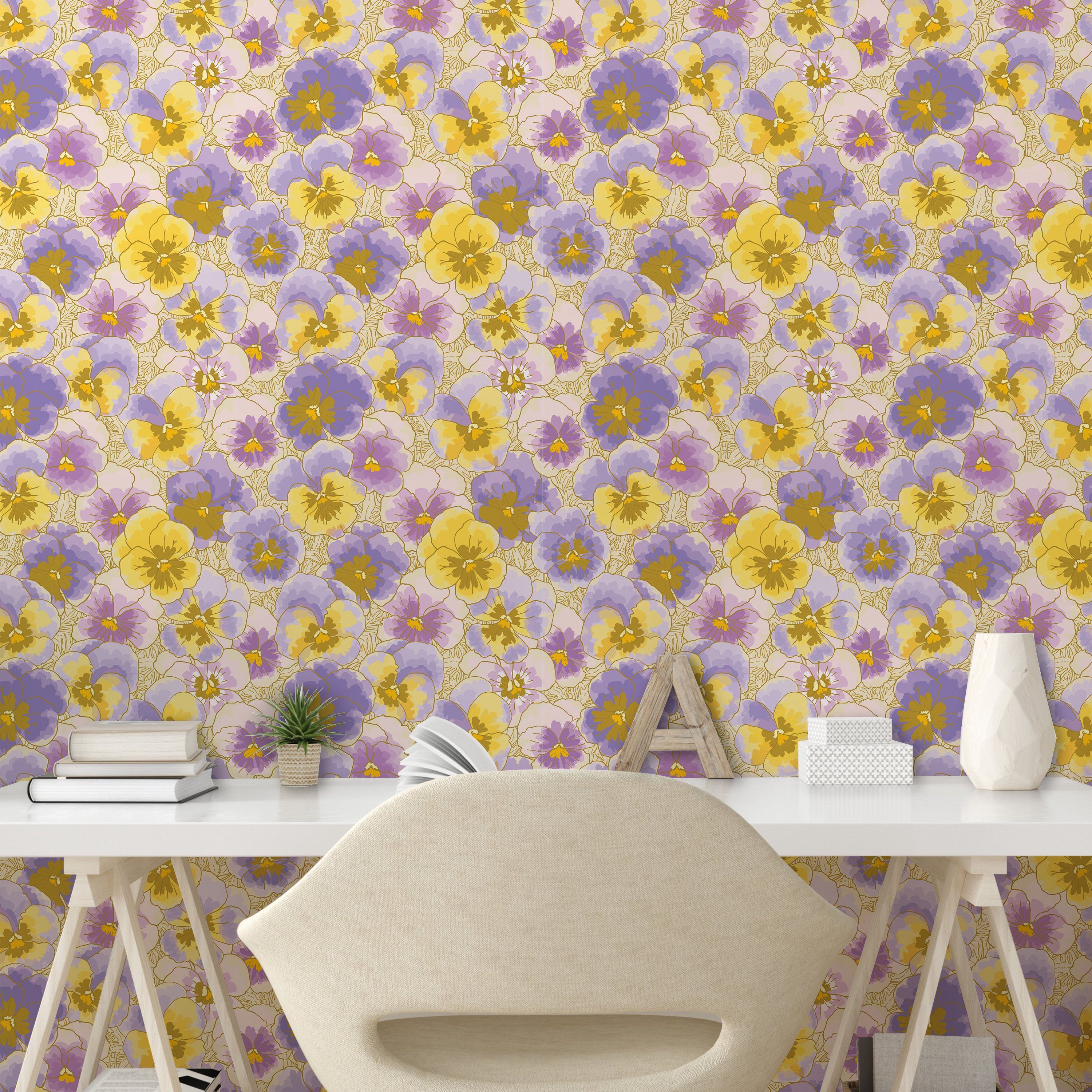 Abakuhaus Vinyltapete selbstklebendes Wohnzimmer Küchenakzent, Pansy Hand Blumen gezeichnet Garten