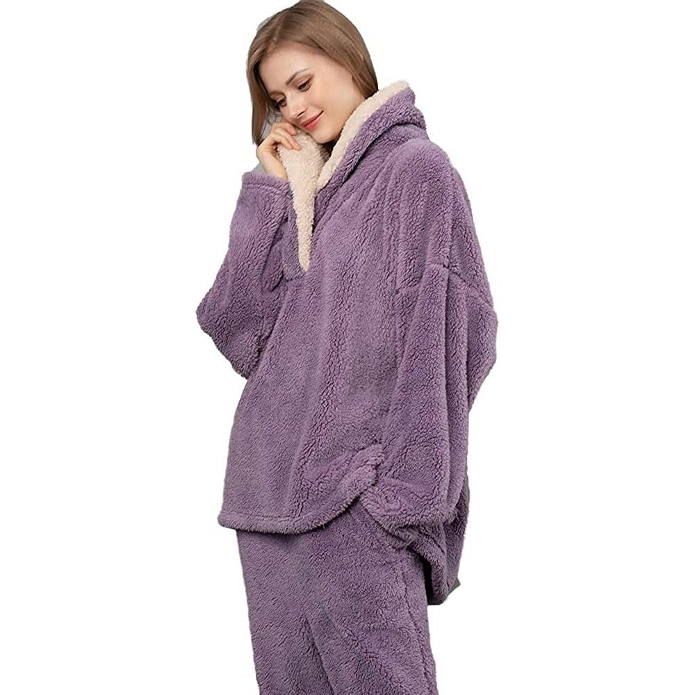 Juoungle Schlafanzug Schlafanzug für Damen, Hausanzug kuschelige und warmes Nachtwäsche Lila