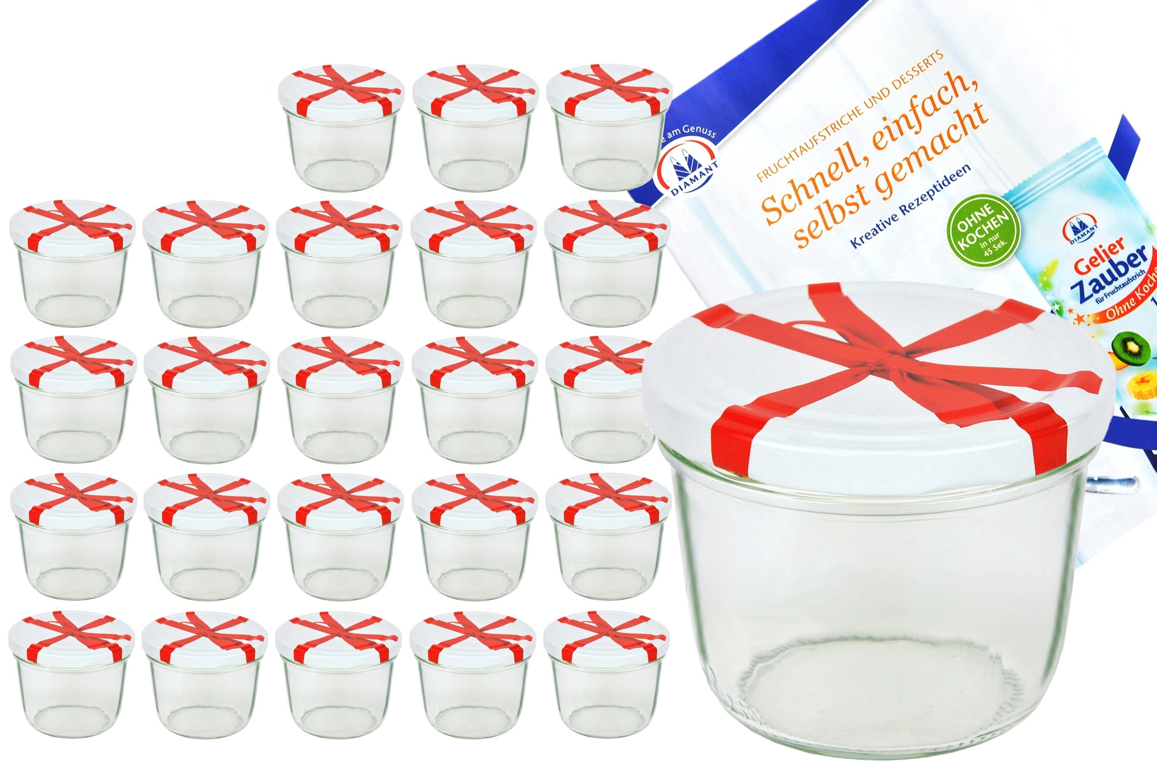 Einmachglas 24er Set Sturzglas 230 ml To 82 Schleifendekor Deckel incl. Rezeptheft