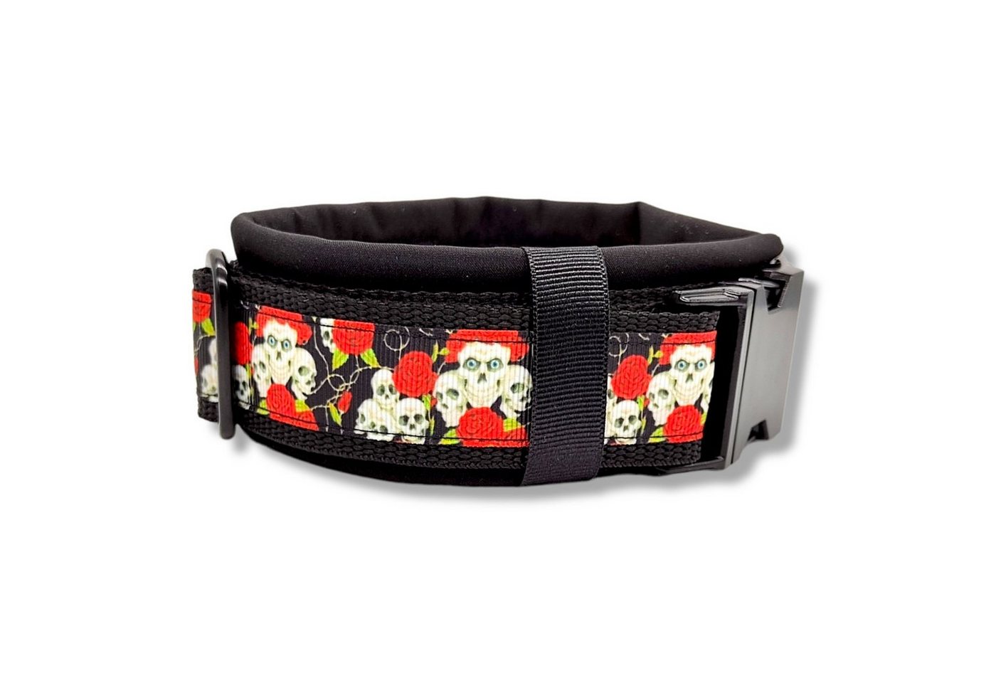 Thumbnail - D by E Couture Hunde-Halsband "Skulls & Roses I", gepolstert, verstellbar, 50mm breit, Handmade