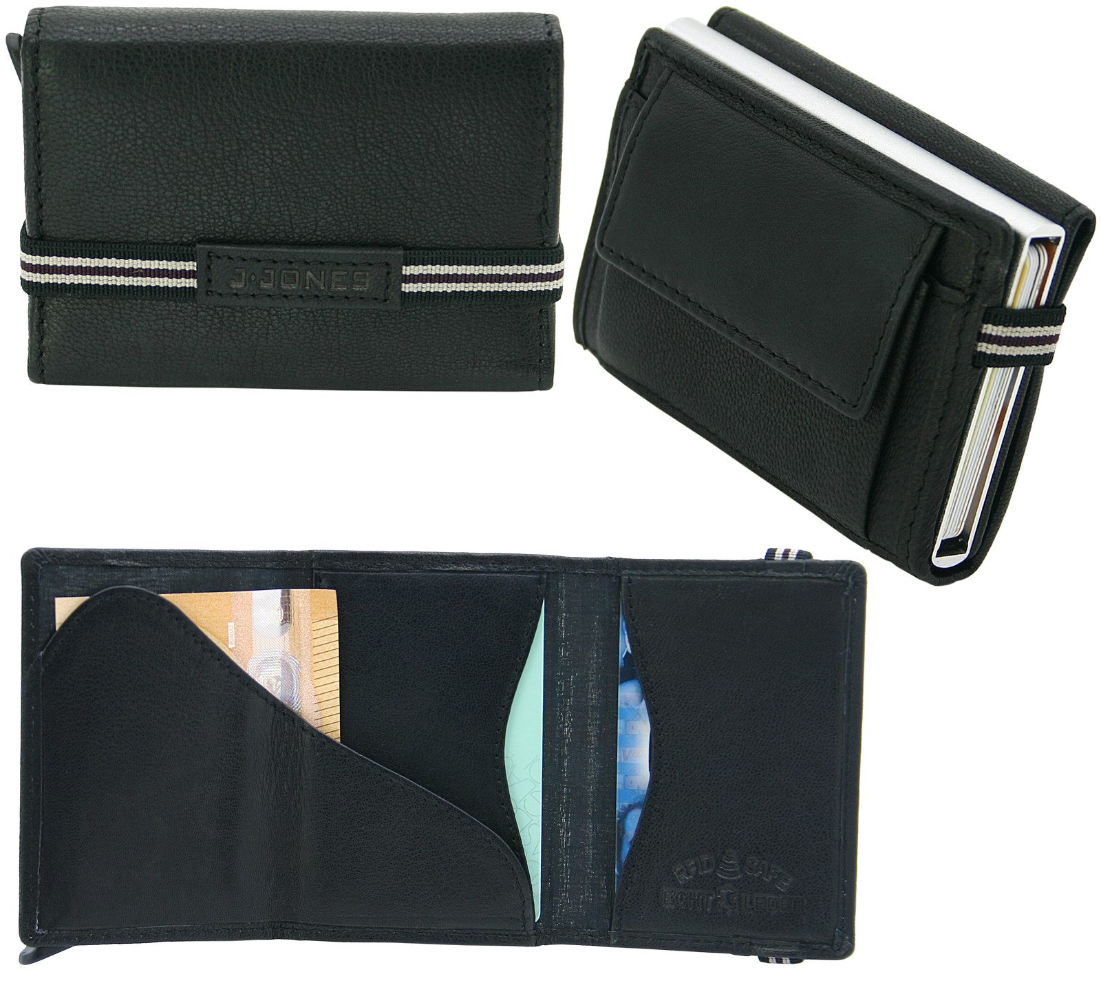 J JONES JENNIFER JONES Mini Geldbörse Slim Wallet mit RFID-Schutz wahlweise mit Pop Up Kartenetui, Echtleder, mit oder ohne Karten-Pop Up Funktion
