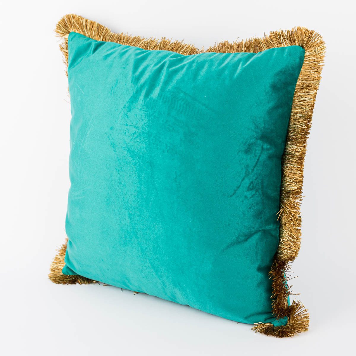 SCHÖNER LEBEN. Dekokissen Kissen Samtoptik mit Fransenrand türkis gold 45x45cm