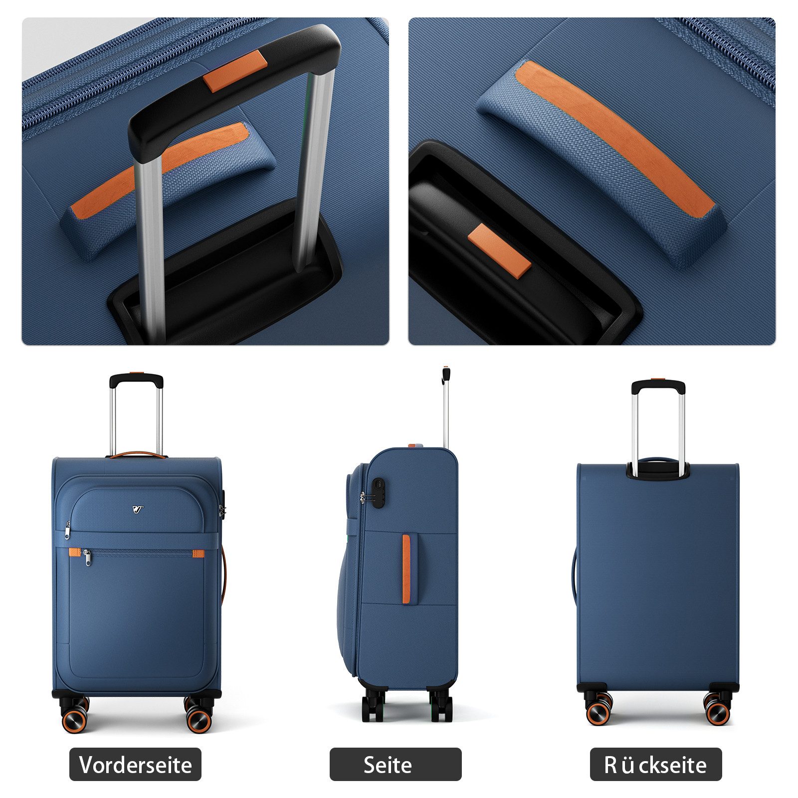 Verage Koffer Weichschalenkoffer, Leicht Reisekoffer mit Zahlenschloss, 4 Rollen, Stoffkoffer, Handgepäck/Set 3-teilig, 56/66/76cm,47/77/109L