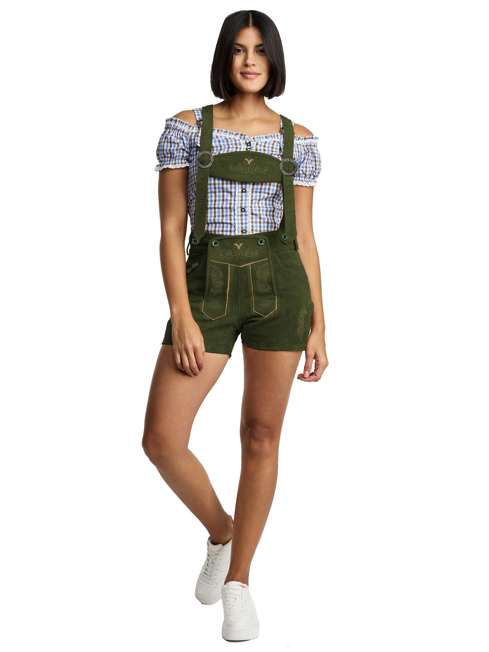 Steigenhöfer Manufaktur Trachtenlederhose Lederhose Damen Shorts Hotpants - 100% Rindsleder - Kurze Hose (Inklusive verstellbaren Trägern) Traditionelles Design - Mit Gürtelschlaufe - Dirndl Alternative