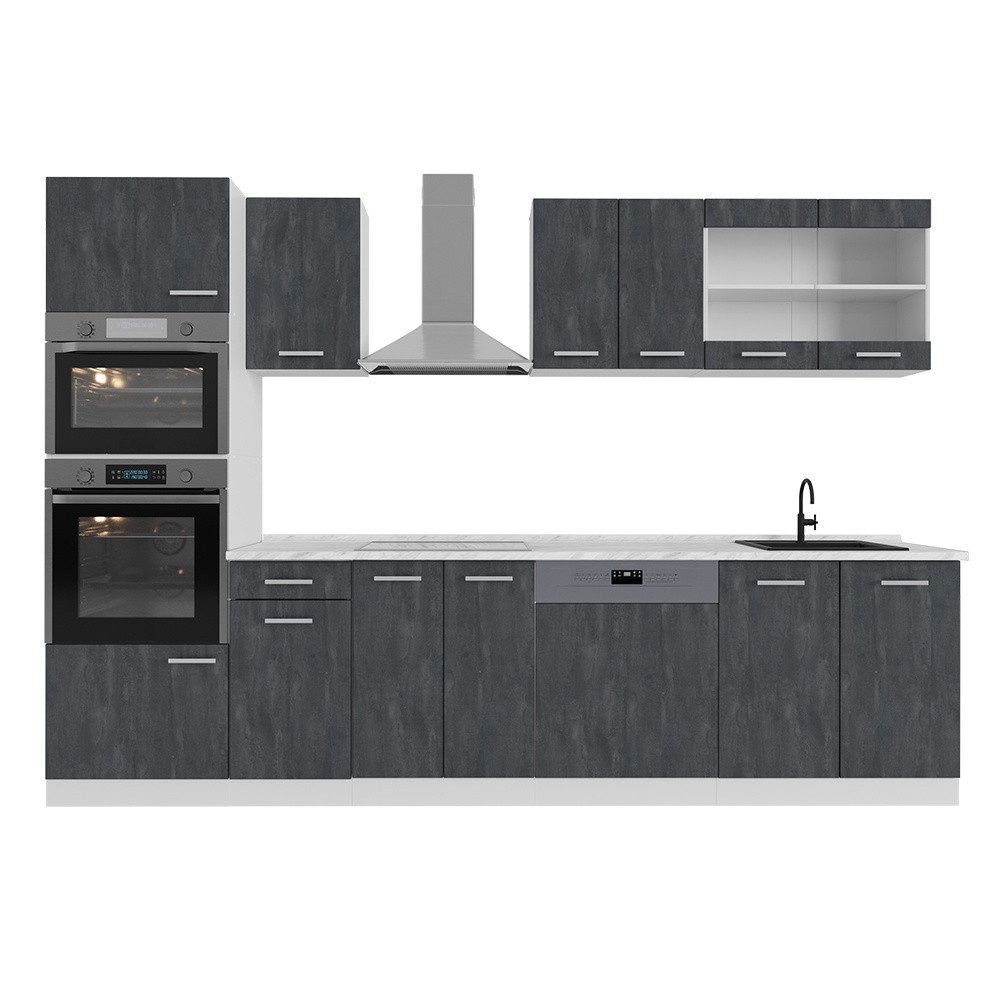 Vicco Küchenzeile R-Line, Schwarz Beton/Weiß, 300 cm AP Marmor