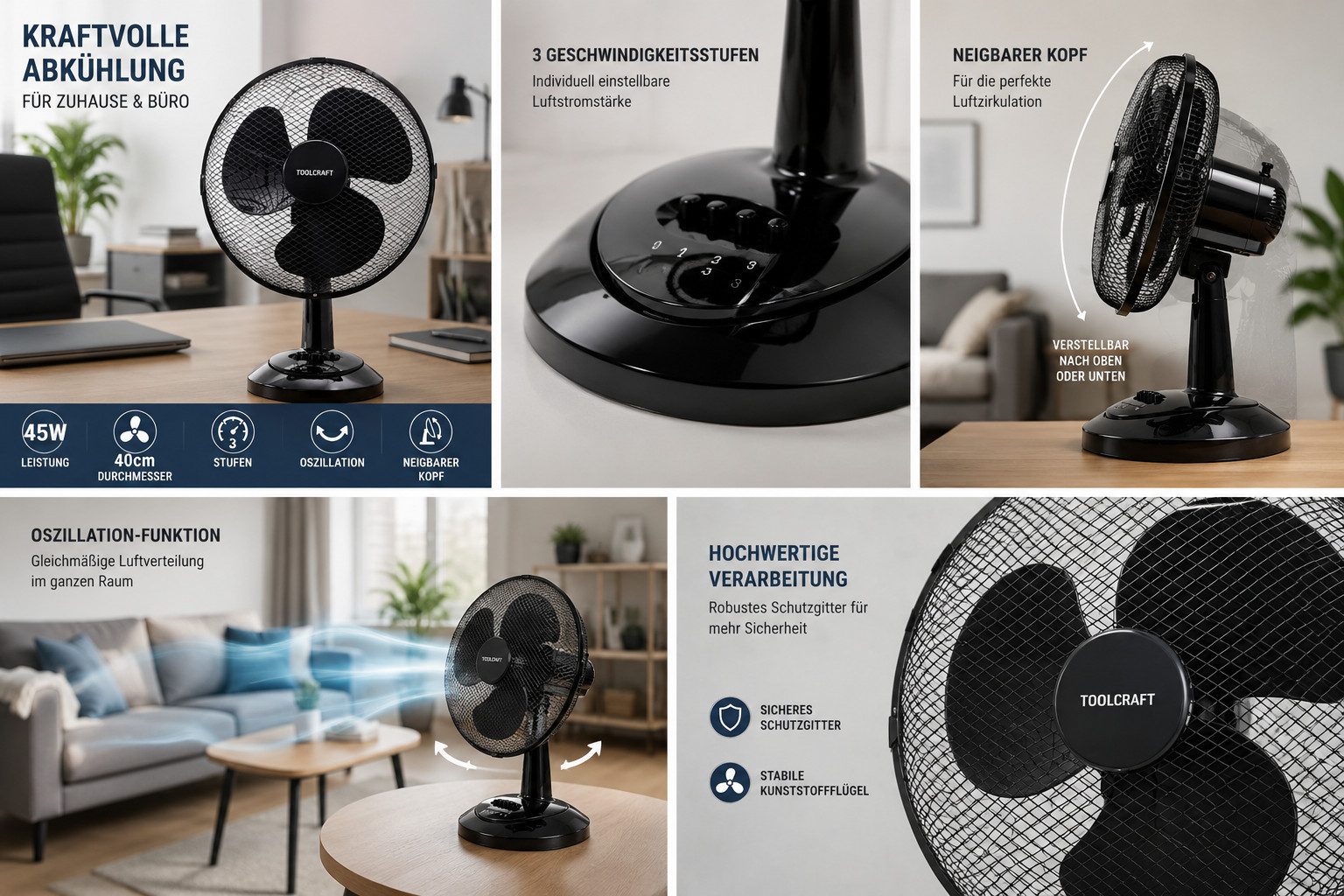 Ertex Tischventilator BIG Turmventilator Tischventilator STAND 45W 40cm Durchmesser Schwarz
