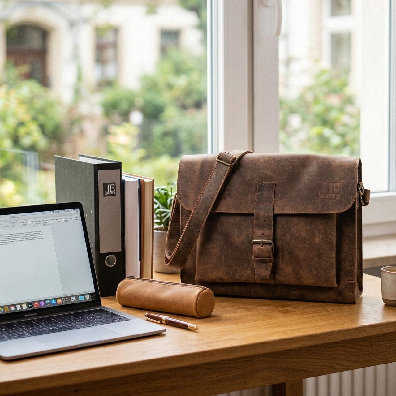 LECONI Umhängetasche Messenger Bag Aktentasche Büro Damen Herren Echt Leder LE3054, Schnallenüberschlag – abnehmbarer Schulterriemen – 38×29×11 cm