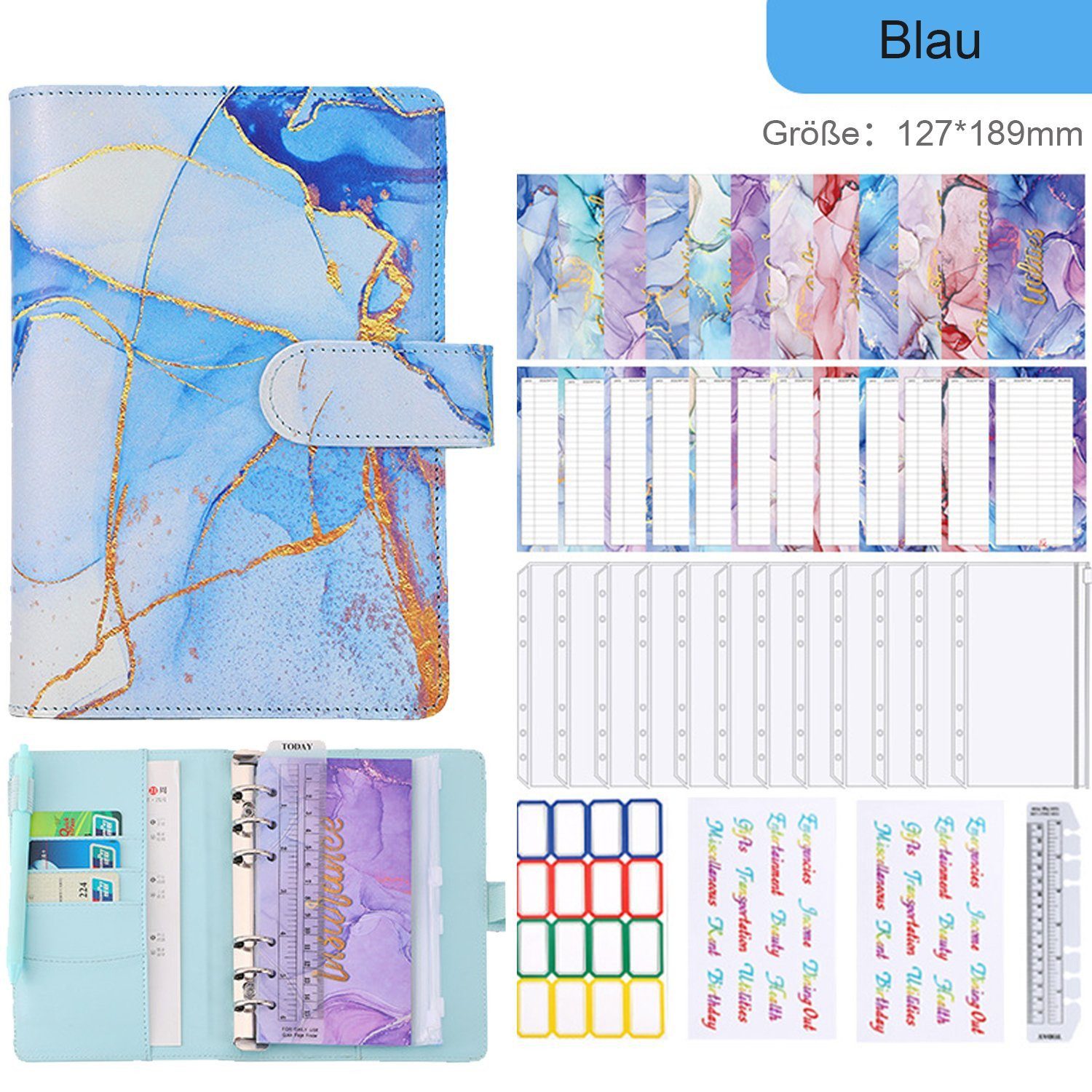KINSI Ringbuchmappe Marmoriertes Notizbuch, 6-Loch-Loseblatt, A6-Budget-Notizbuch (Set), Reisetagebuch mit Magnetknopf und Stifthalter